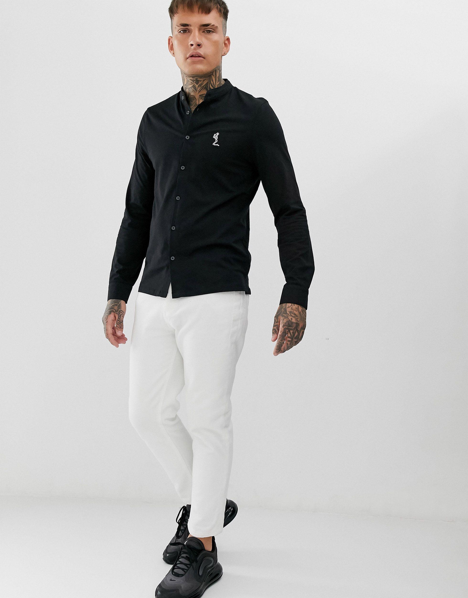 black slim fit grandad collar shirt