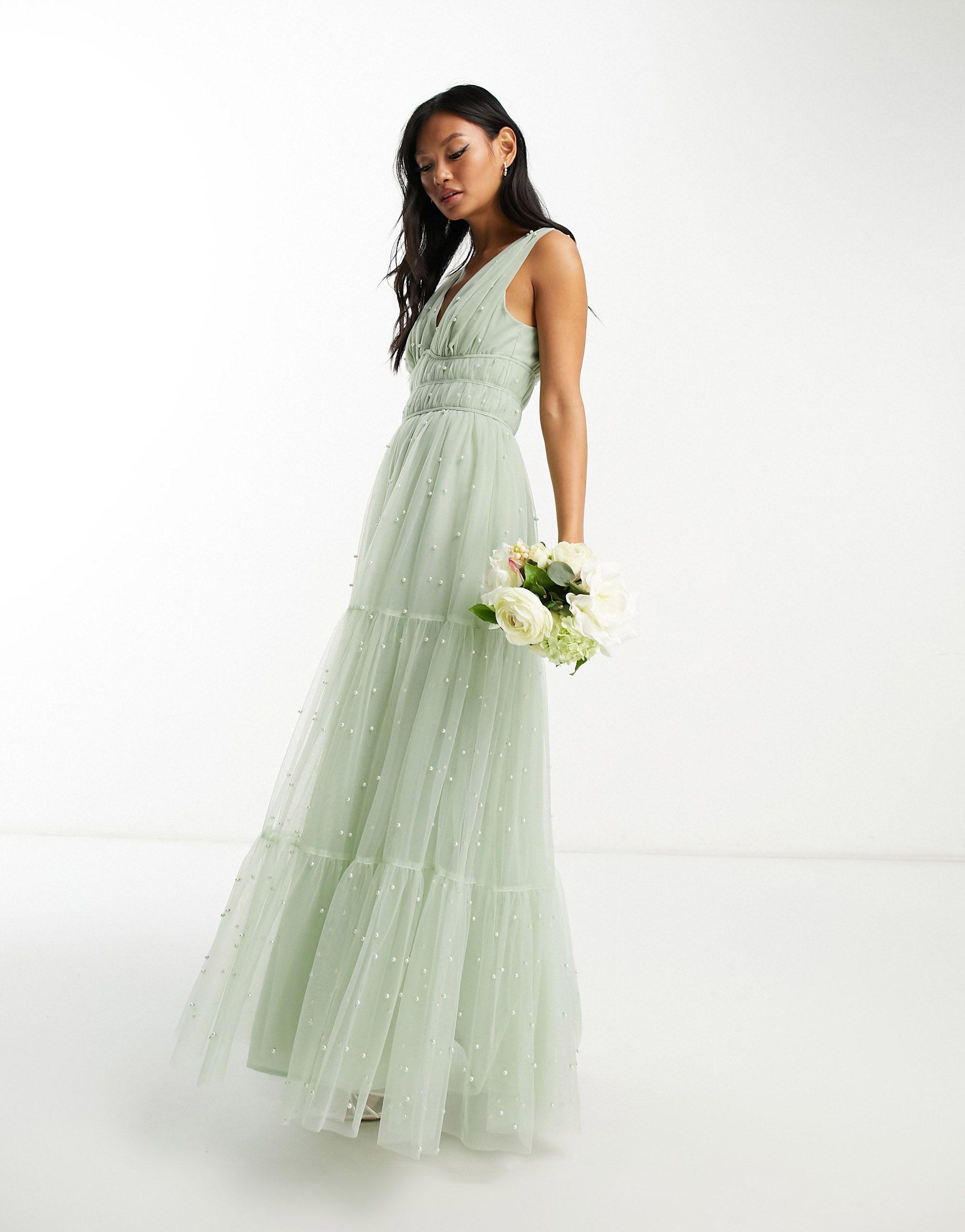 ASOS Bridesmaid Ruched Bodice Midaxi Dress With Tiered Skirt And Pearl  Scatter Detail in Green | Lyst