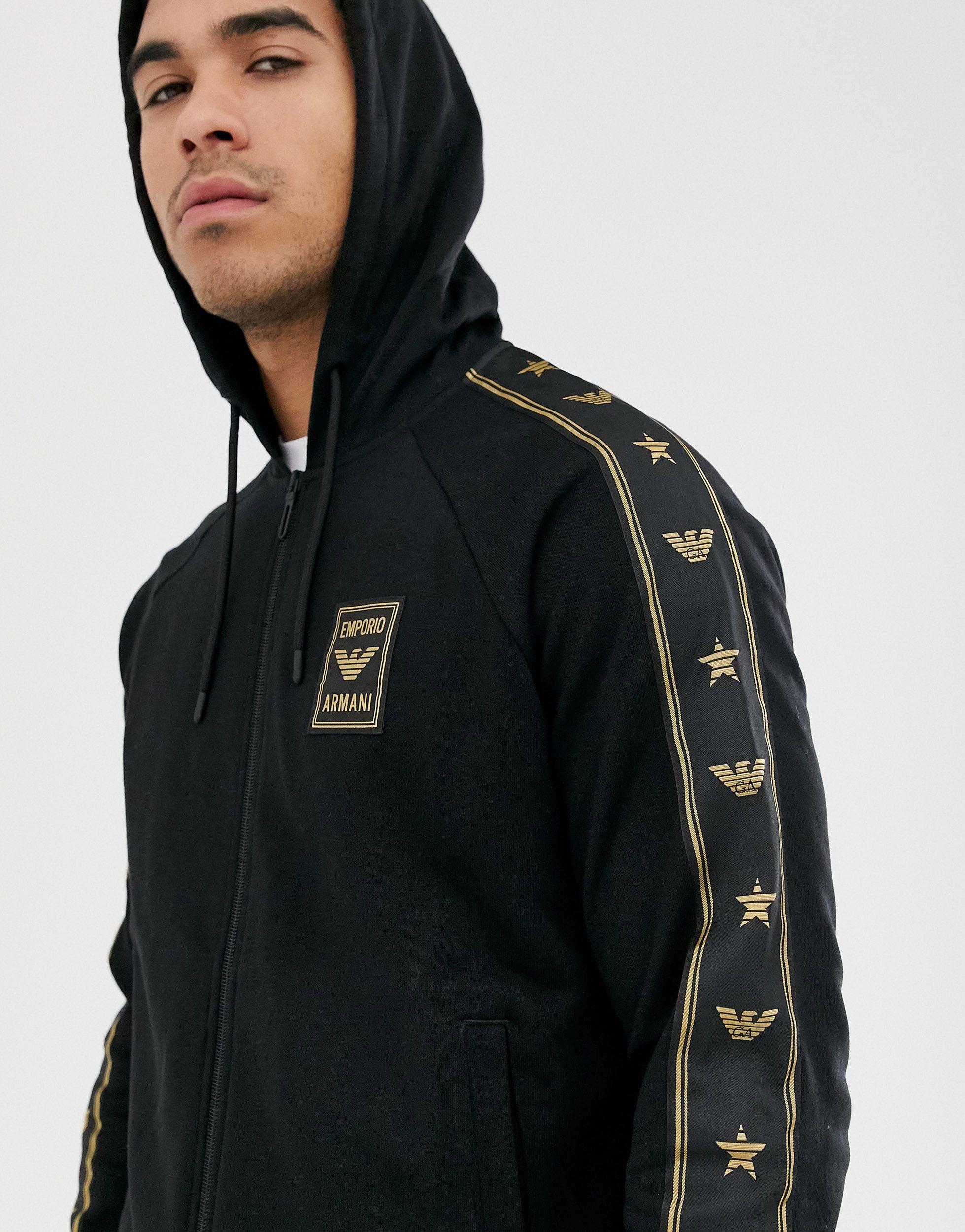 Emporio Armani Gold Logo Taped Zip Thru Hoodie in Black for Men | Lyst