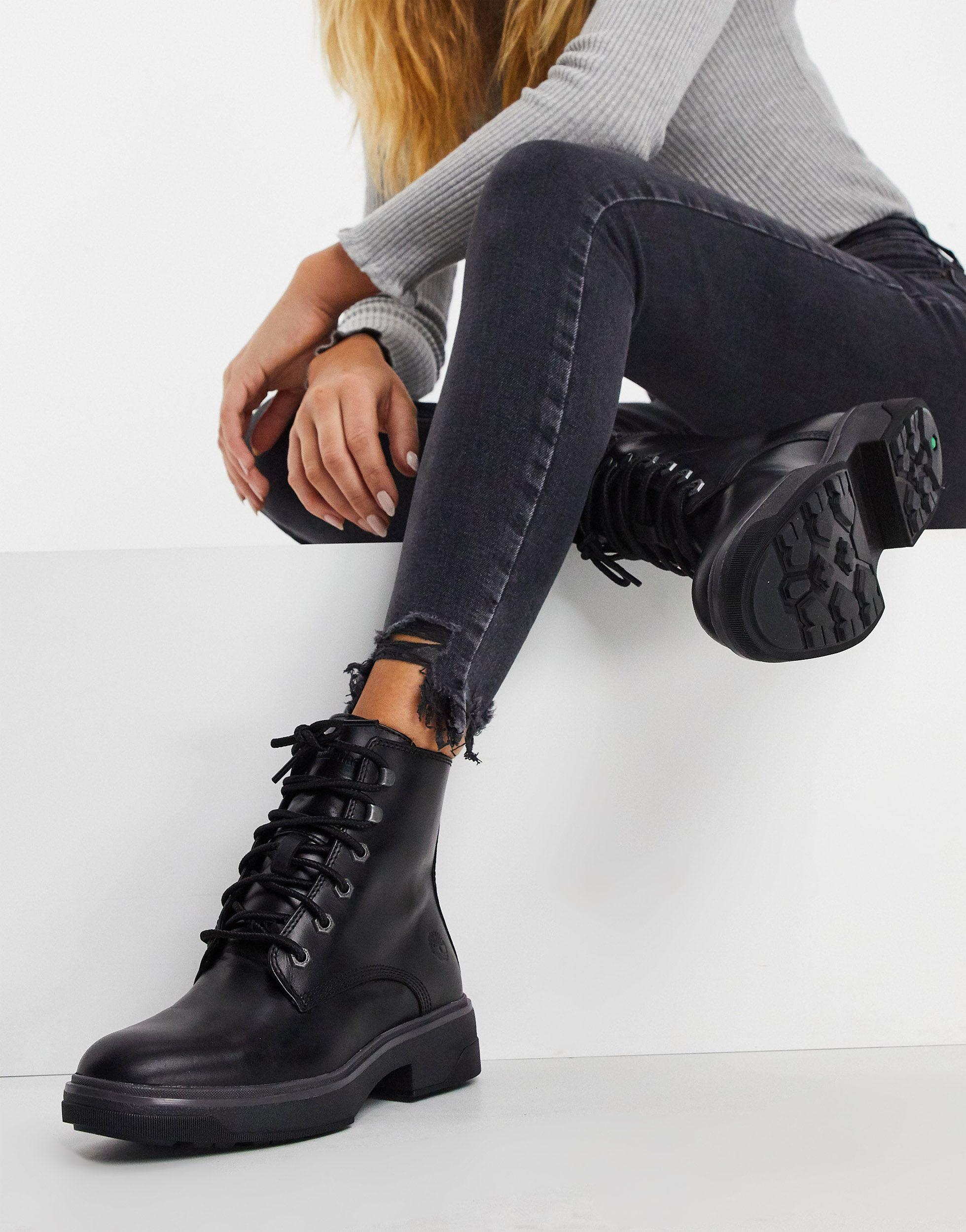 Timberland Nolita Sky Lace Up Flat Ankle Boots in Black | Lyst UK