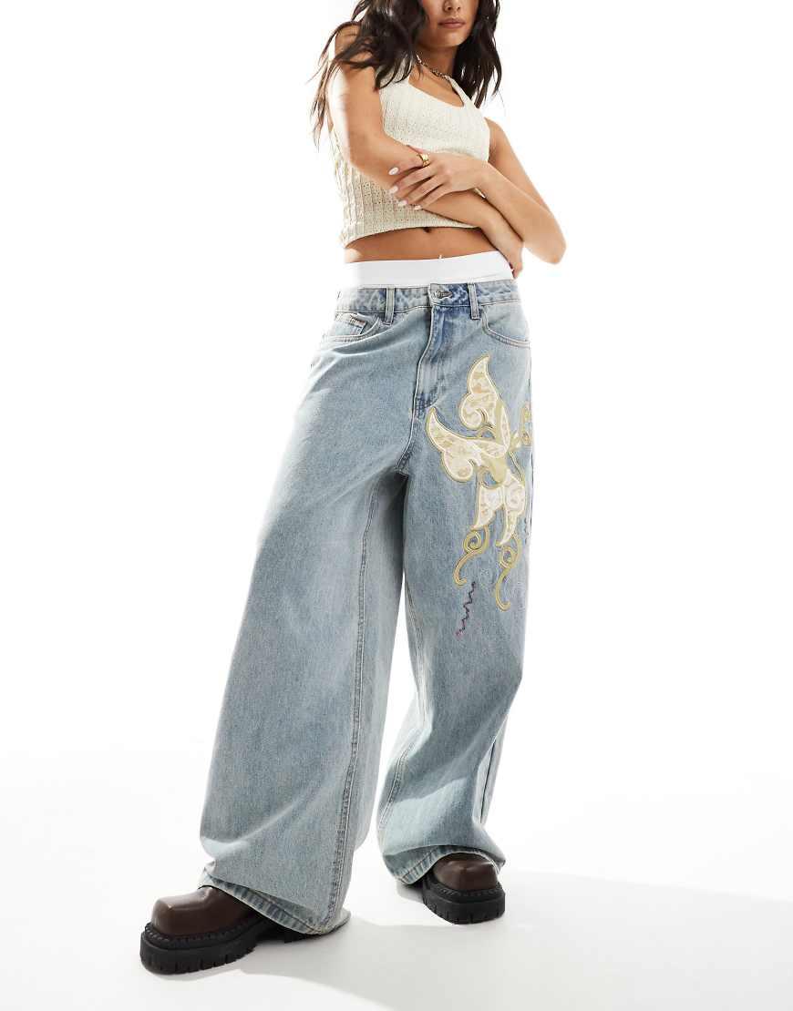 Ed Hardy Antique Denim Baggy Jeans With Diamante Butterfly in Blue