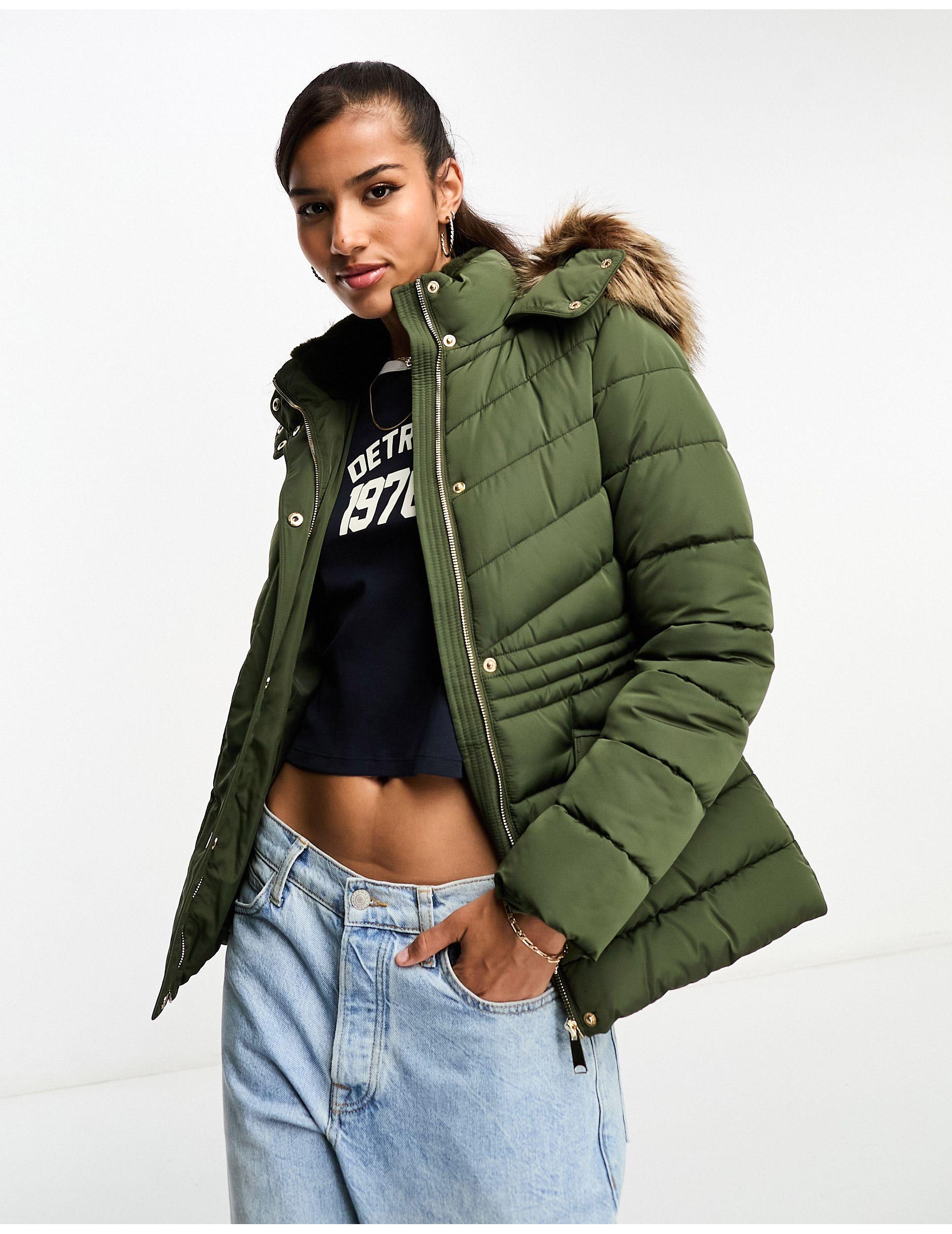 New Look Puffer Jacket With Faux Fur Hood in Green | Lyst UK
