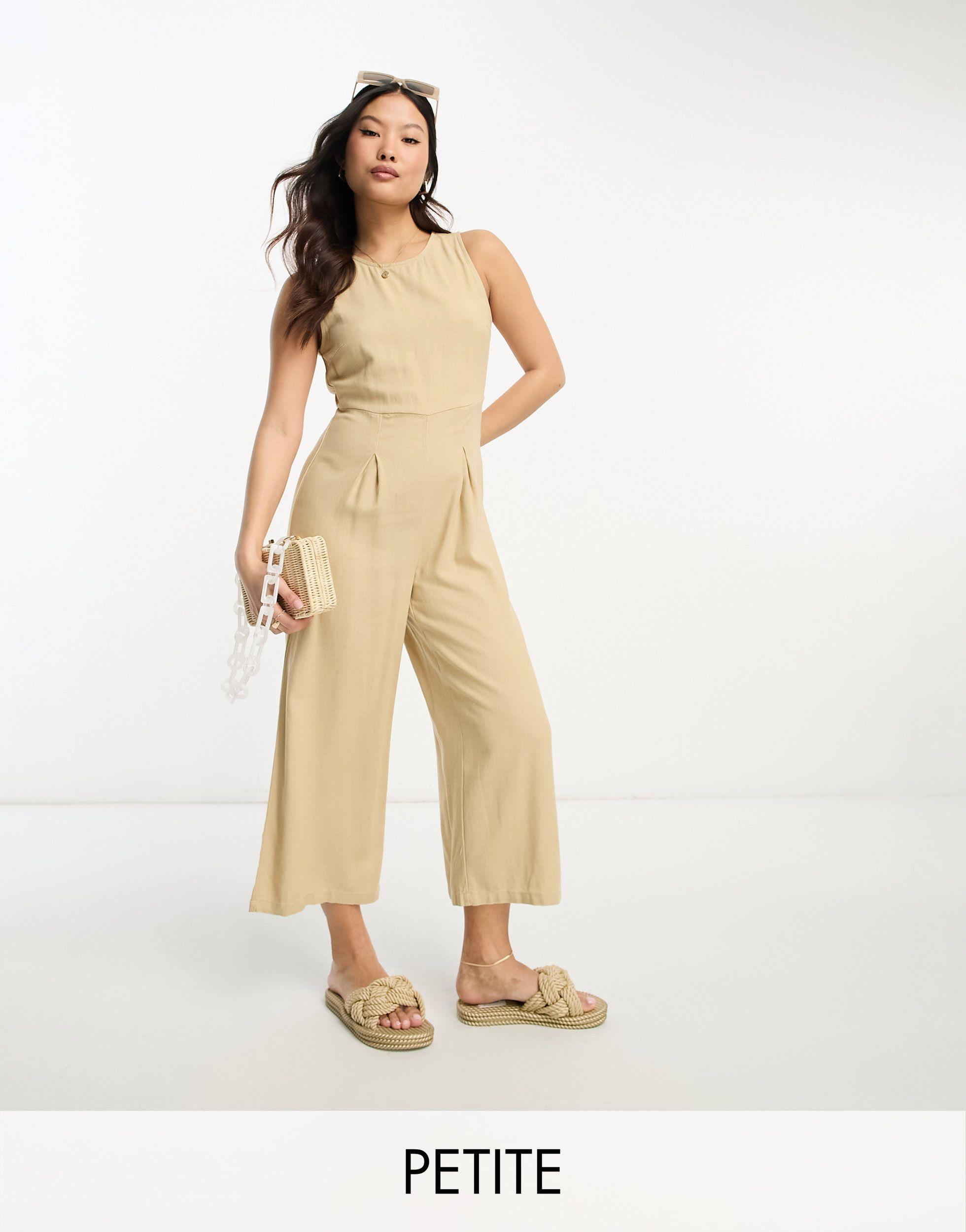 Vero Moda Linen Touch Tie Jumpsuit With Pleat Wide Leg in Natural