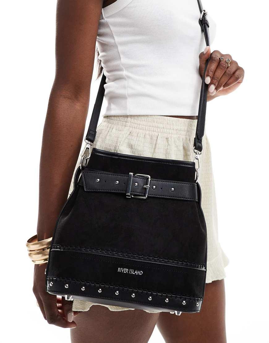 River Island Suedette Buckle Bucket Bag in Black Lyst UK