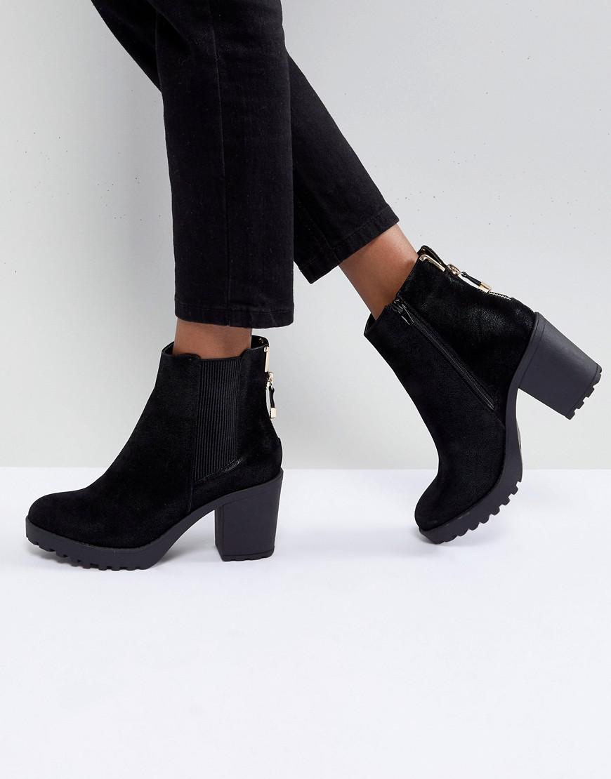 Denim Chunky Heel Zip Back Heeled Boots 