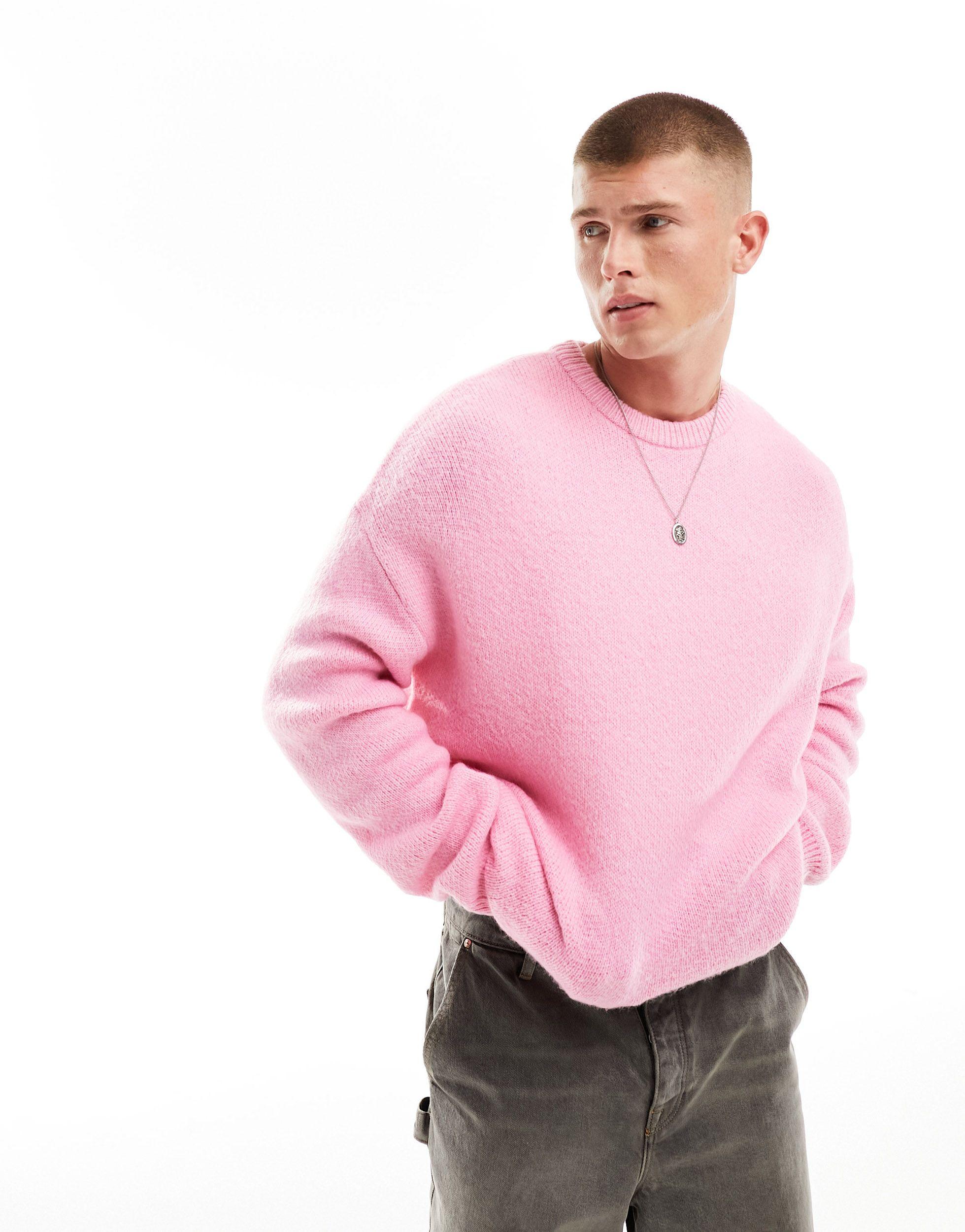 ASOS Oversized Knitted Fluffy Crew Neck Jumper in Pink for Men Lyst UK