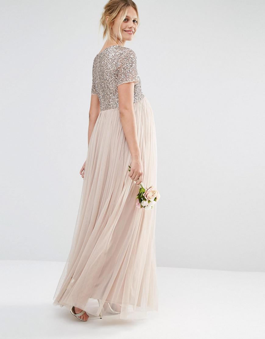 maternity v neck maxi tulle dress with tonal delicate sequins