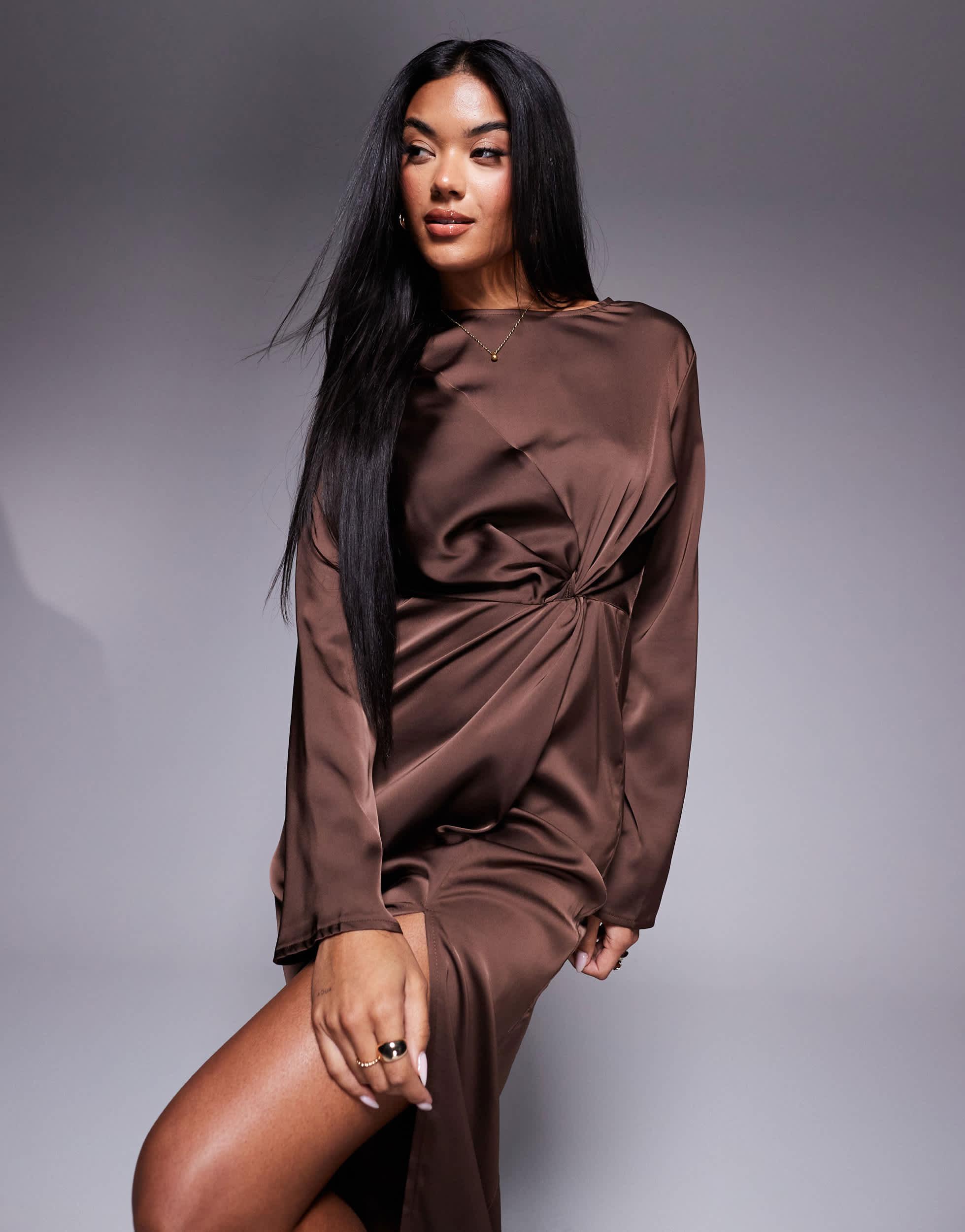 brown peasant dress Marie-Thrse Peasant Dress with Short Sleeves in Olive Poly Crepe