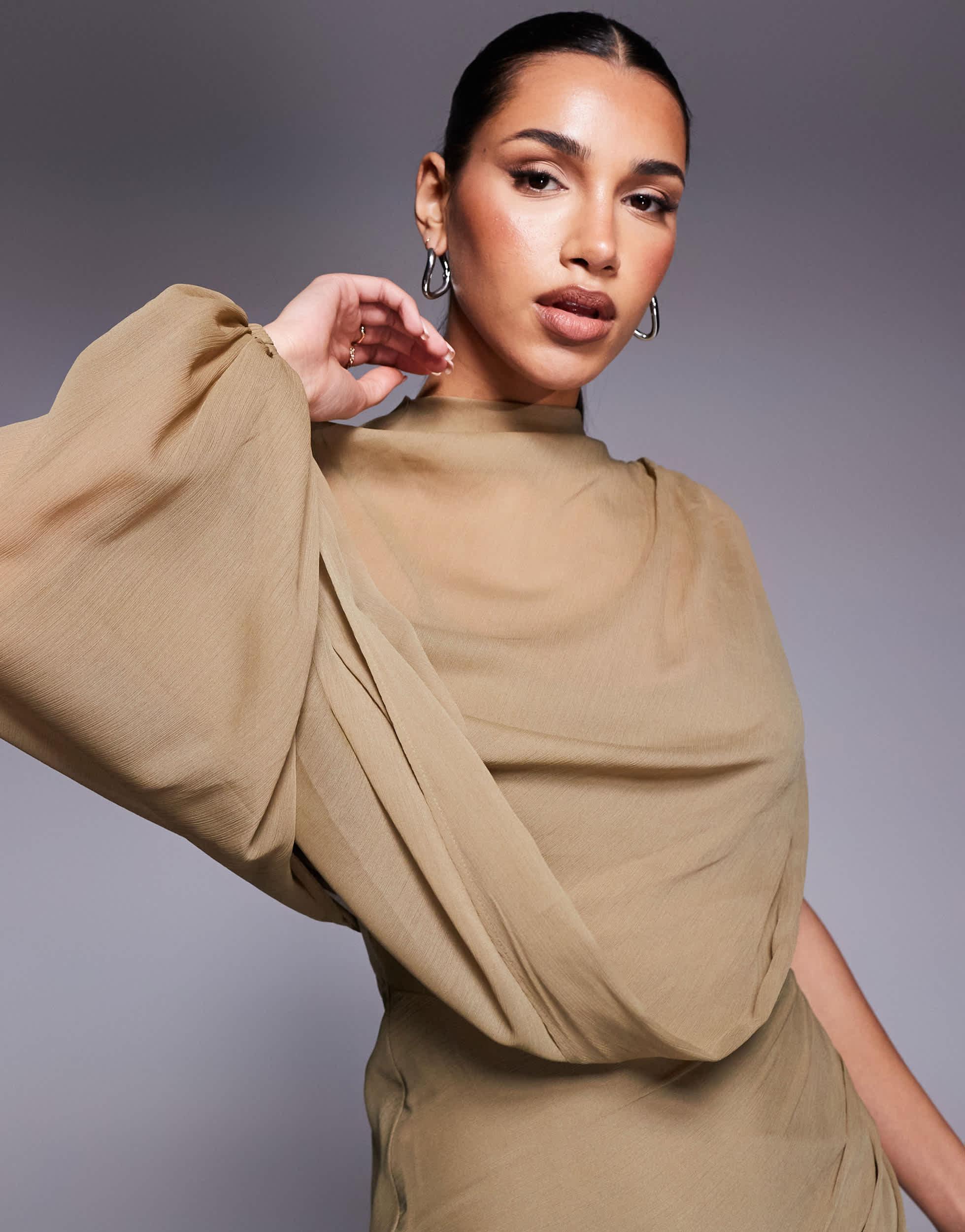 ASOS High Neck Draped Bodice Asymmetric Maxi Dress With Cut Out in Natural | Lyst ASOS High Neck Draped Bodice Asymmetric Maxi Dress With Cut Out in Natural | Lyst