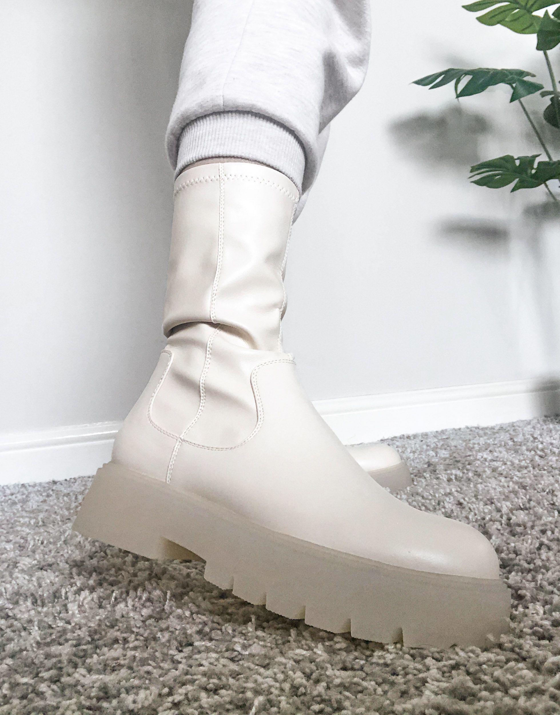 Bershka Faux Leather Chunky Sock Boot in White | Lyst Australia