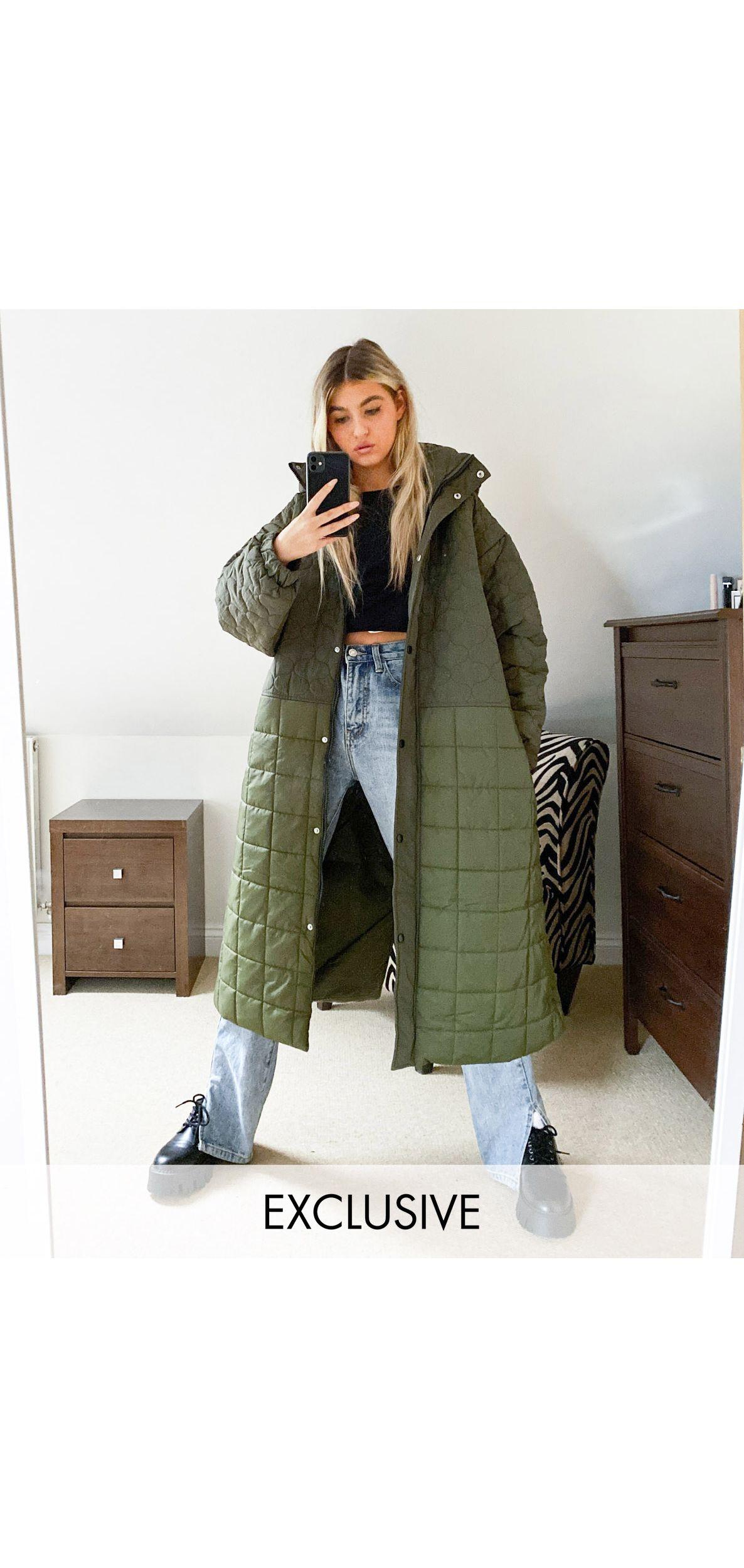 collusion mix quilted maxi puffer jacket in green