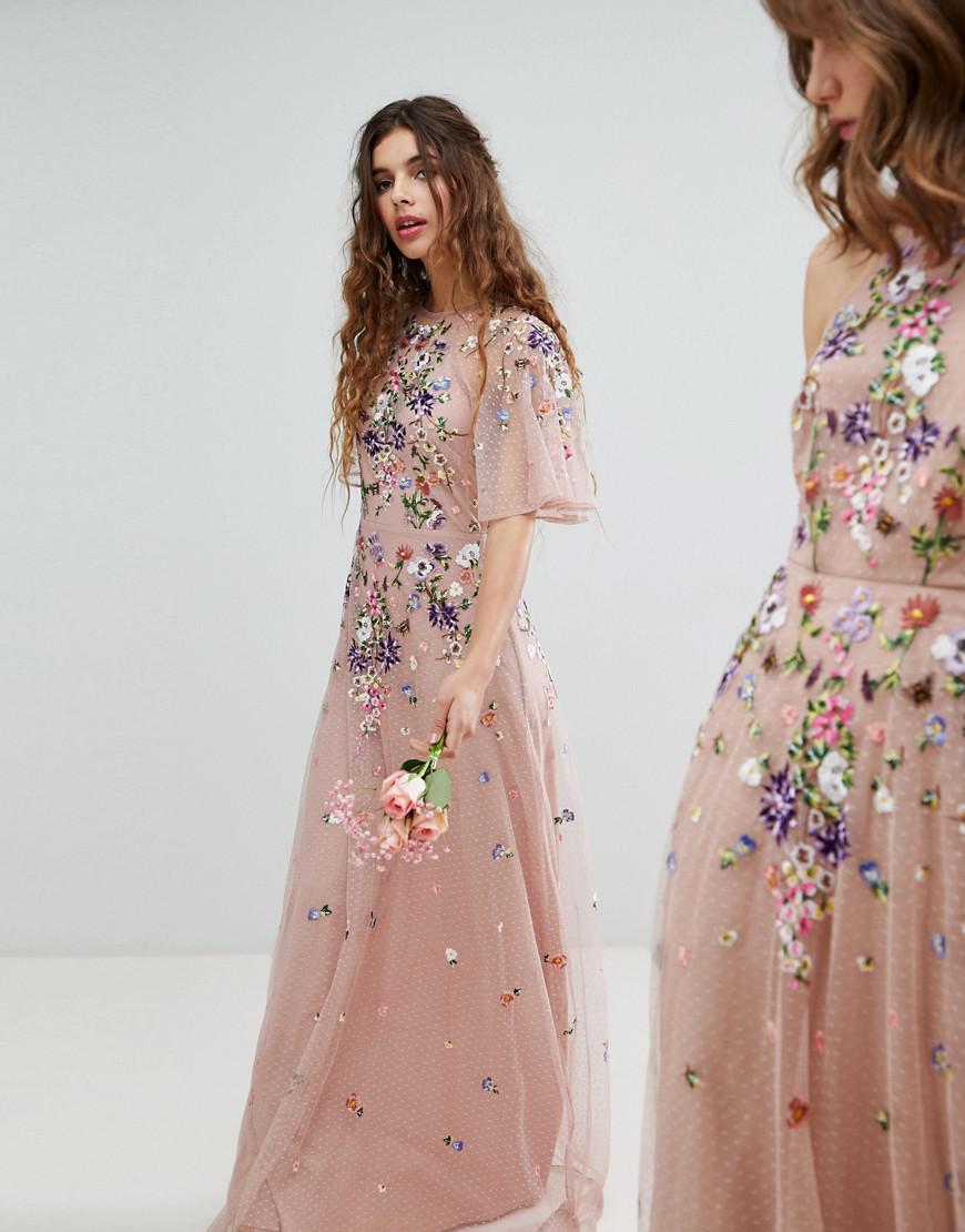 Robe longue en tulle plumetis brod de fleurs avec manches vases ASOS en coloris Rose Lyst