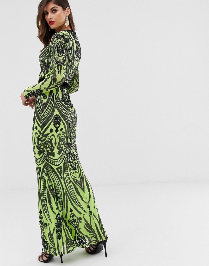 goddiva sequin embellished plunge maxi dress in black and gold