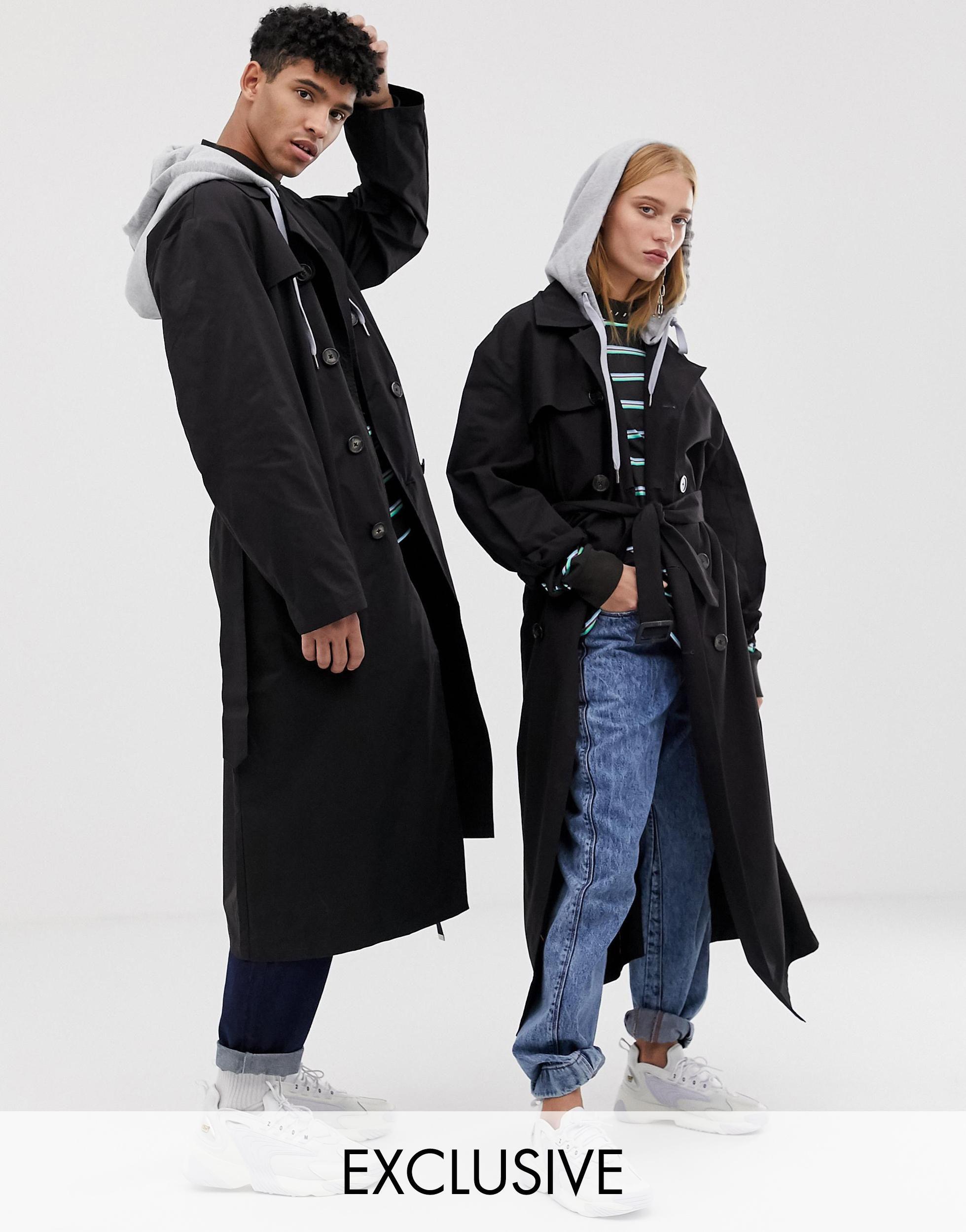 Collusion Denim Unisex Trench Coat With Removable Hood in Black - Lyst