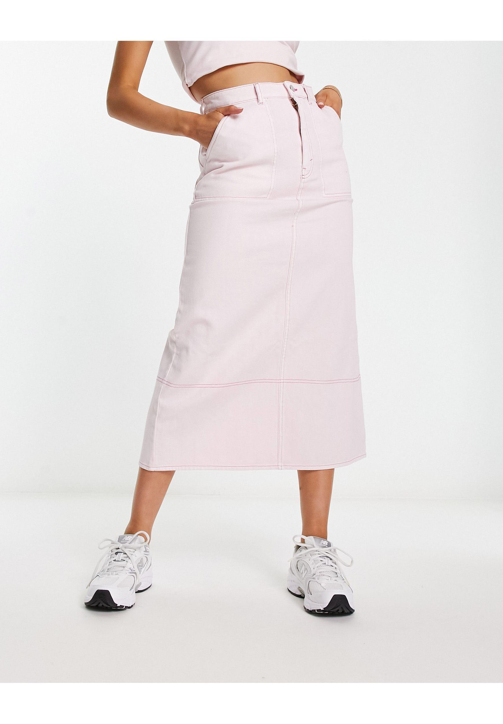 Monki Denim Midi Cargo Skirt in Pink | Lyst UK