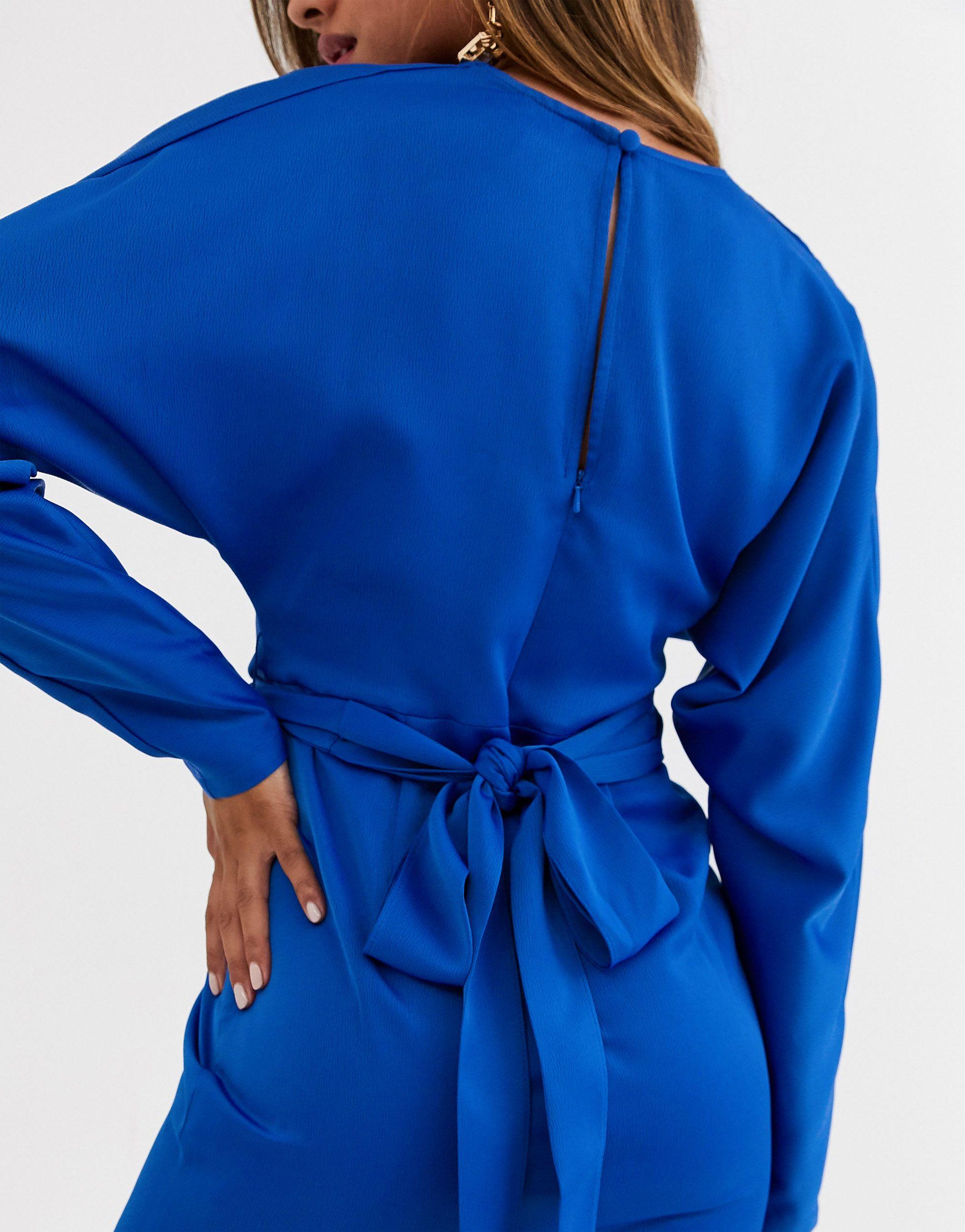 ASOS Synthetisch Satijnen Mini-jurk Met Vleermuismouwen En Strikceintuur in  het Blauw - Lyst