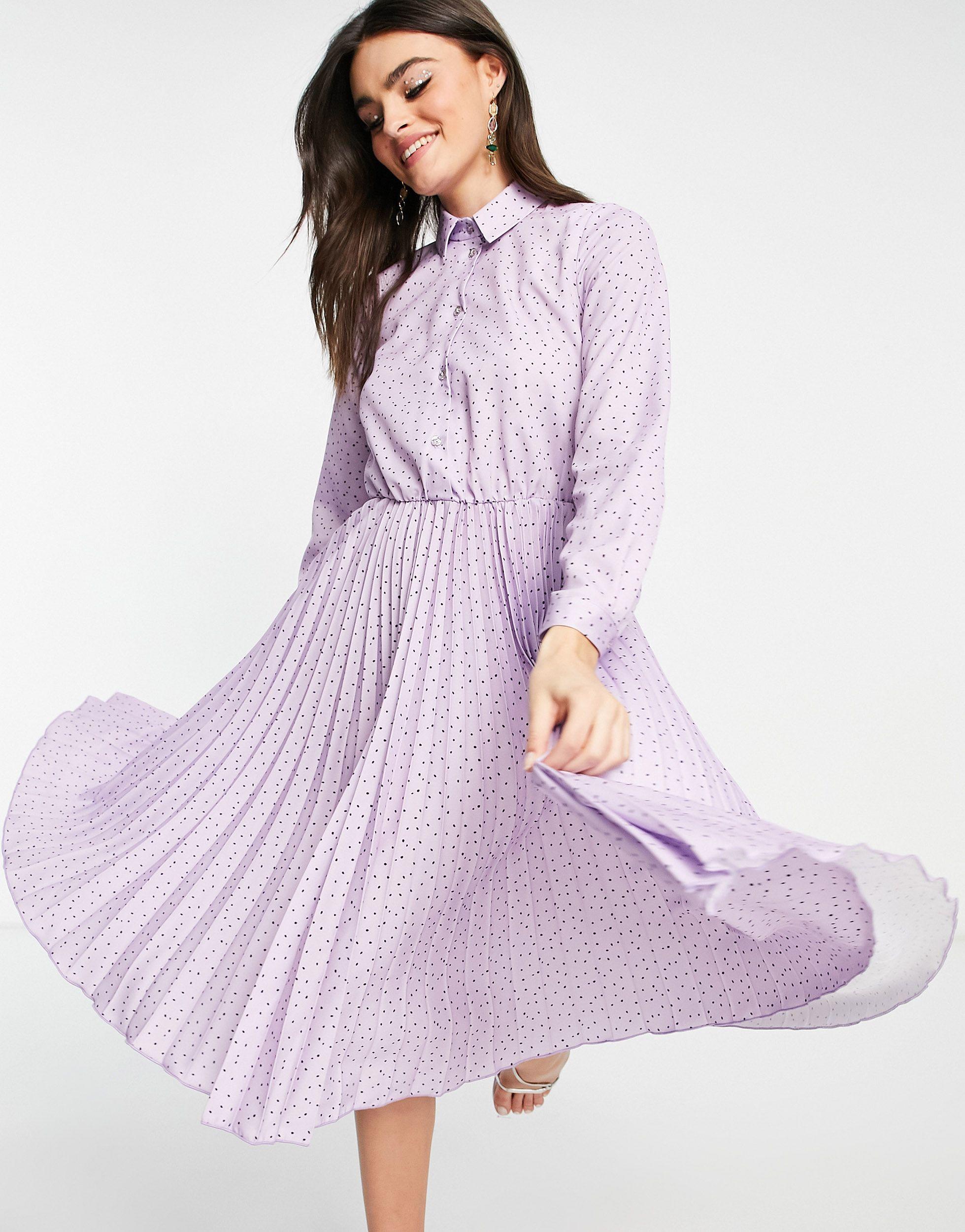 Vestito midi a pieghe lilla a pois con bottoni scintillanti di Closet in  Viola | Lyst