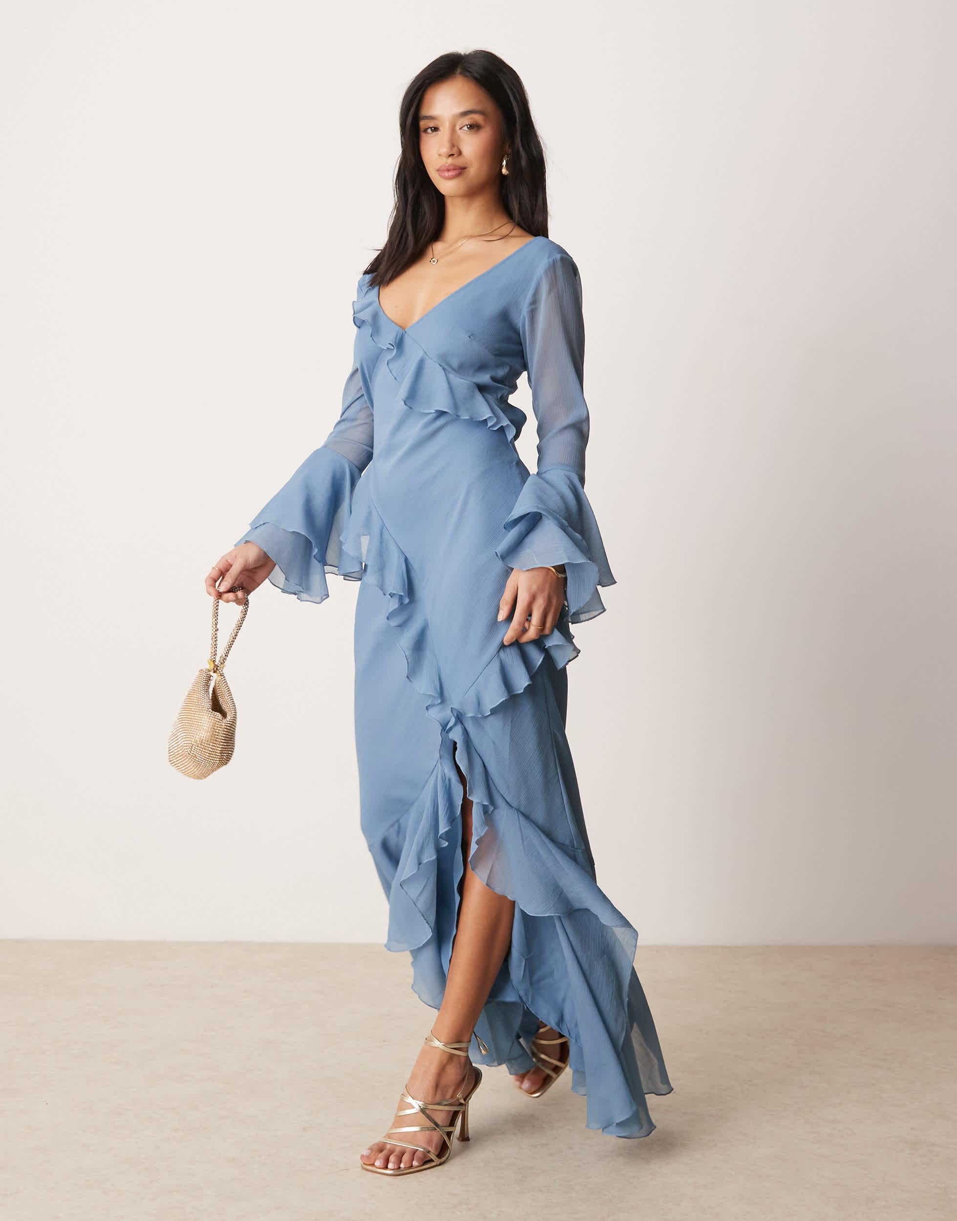 ASOS Asos Design Petite V Neck Long Sleeve Ruffle Maxi Dress With Cut Out Back in Blue | Lyst ASOS Asos Design Petite V Neck Long Sleeve Ruffle Maxi Dress With Cut Out Back in Blue | Lyst