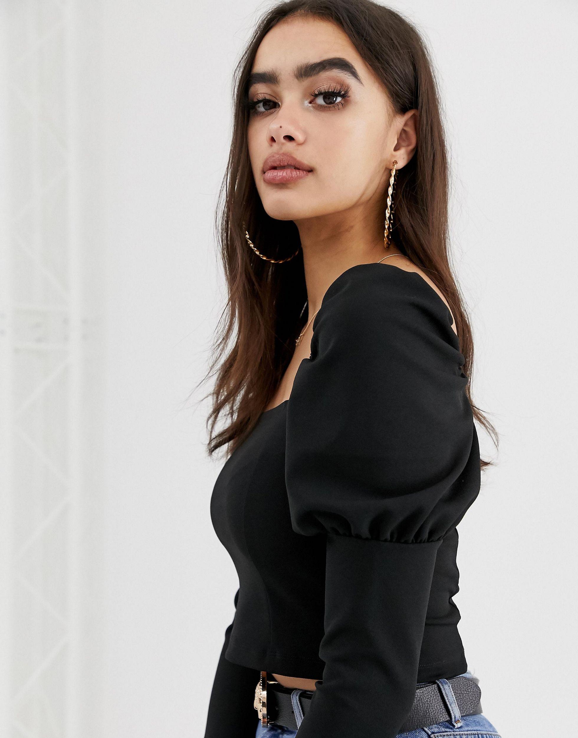 ASOS Long Sleeve Top With Square Neck And Puff Sleeve in Black | Lyst