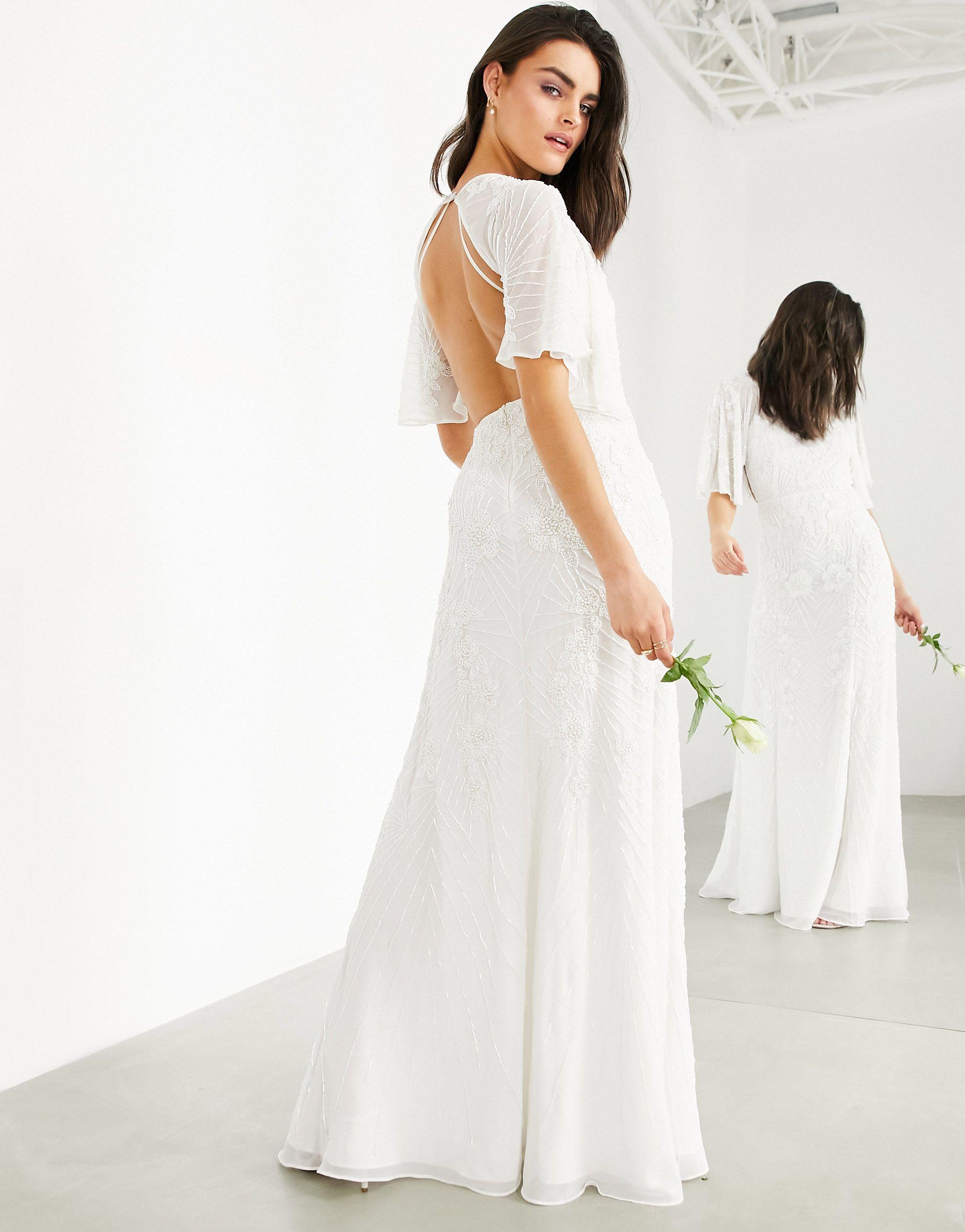 Asos Gabriella Verziertes Vintage Hochzeitskleid Mit Fledermausarmeln In Weiss Lyst