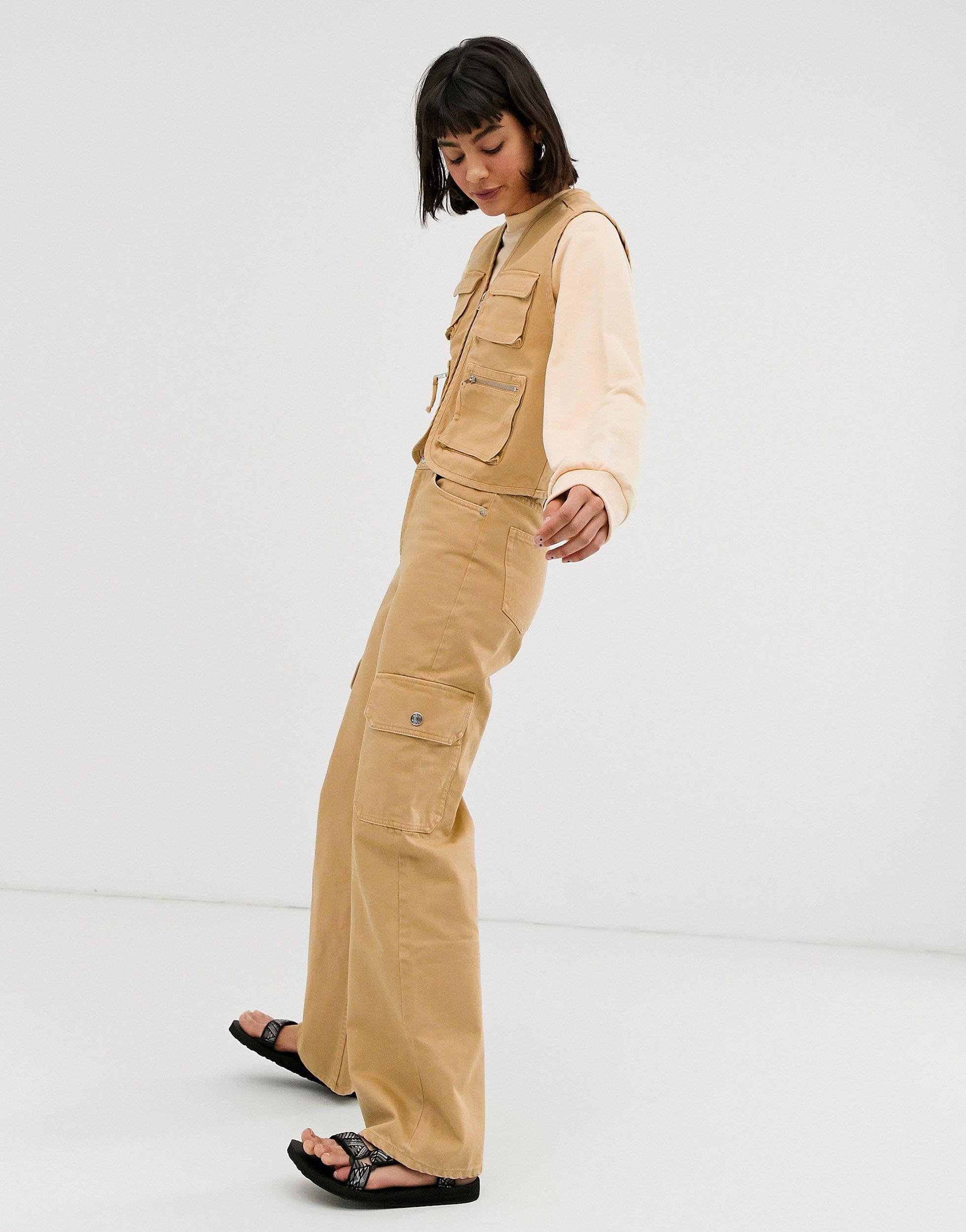 Monki Yoko Organic Cotton Wide-leg Utility Jeans in Beige (Natural) - Lyst