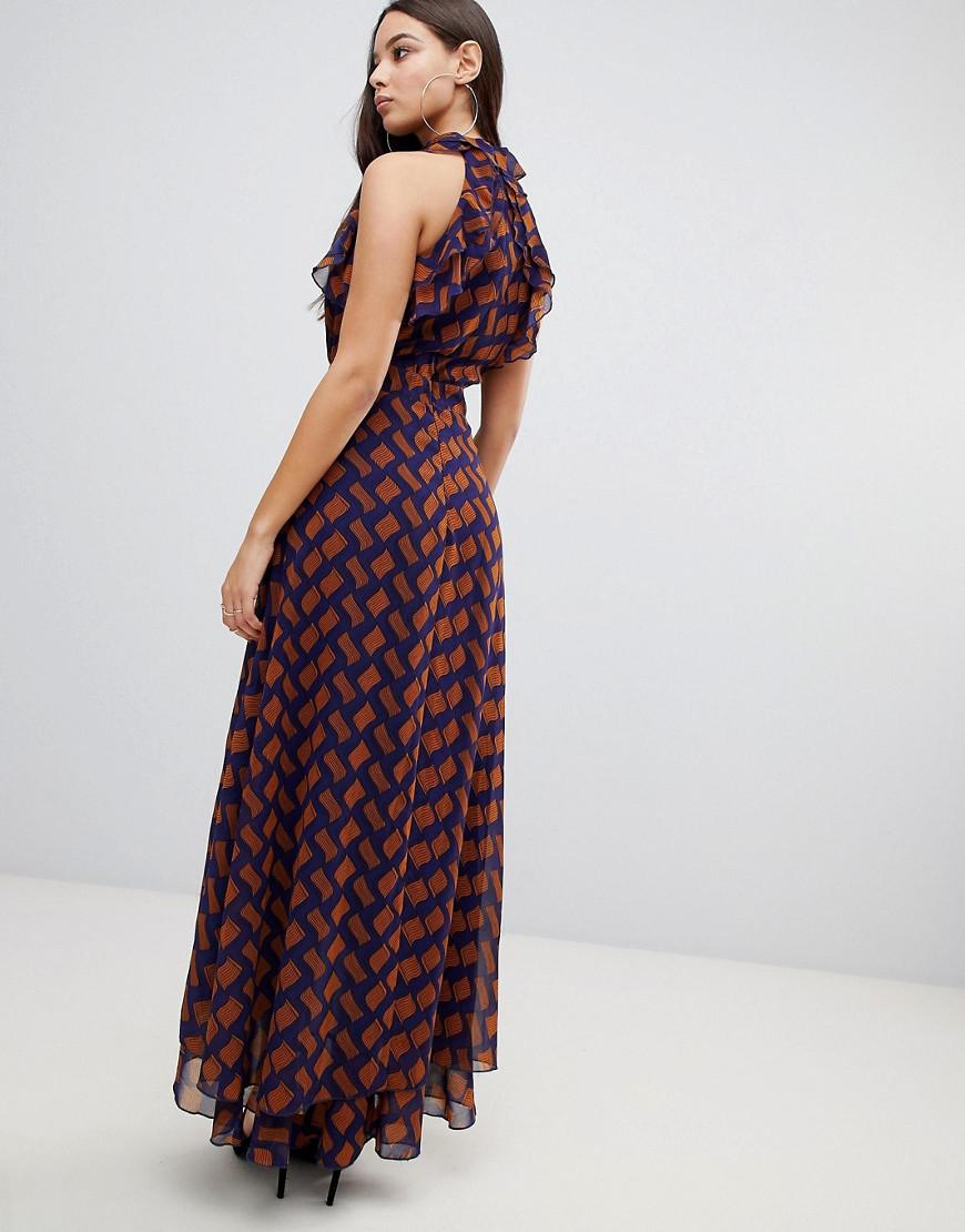 prettylittlething sleeveless frill detail maxi dress in chevron print