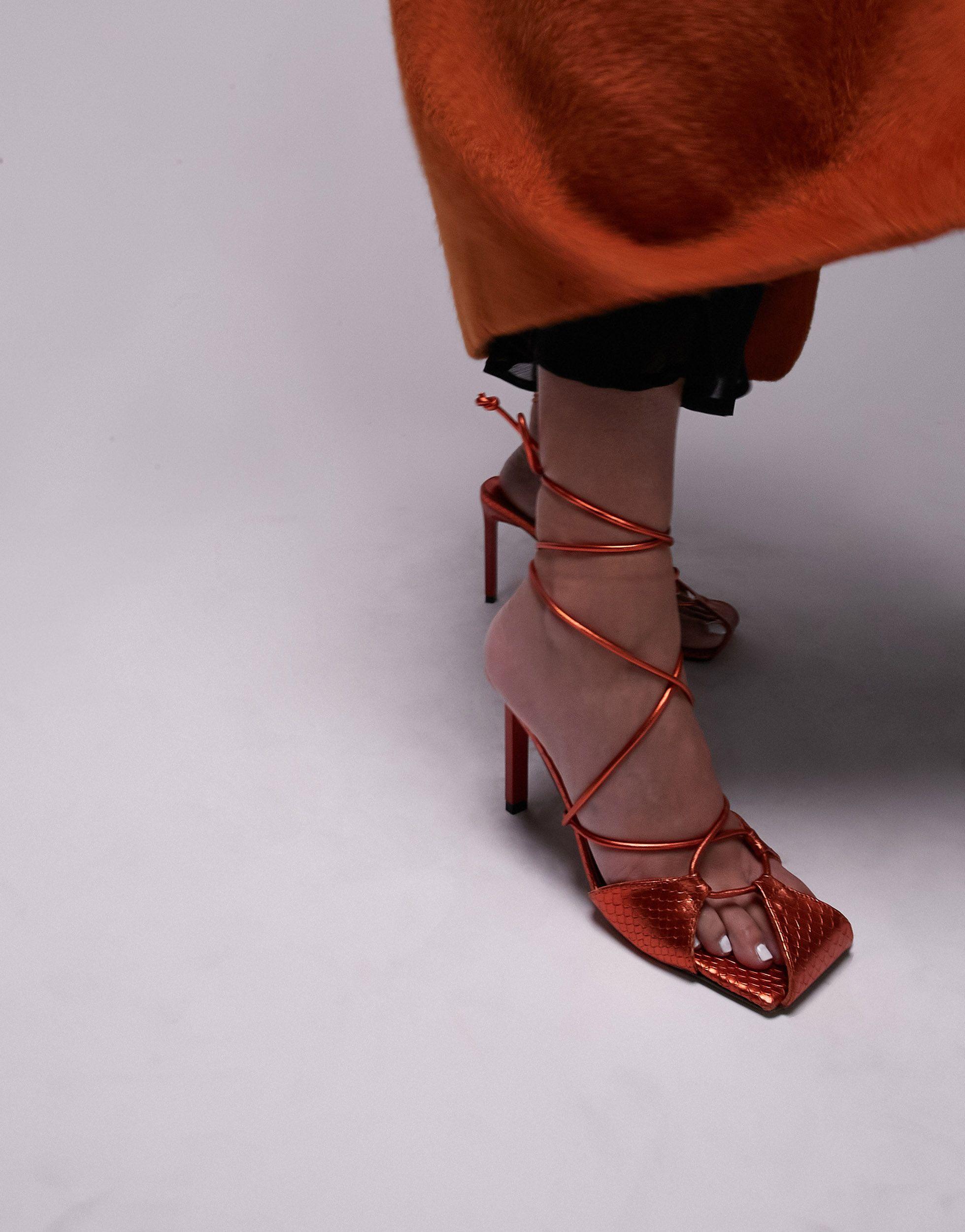 TOPSHOP Sammi Premium Leather Strippy Heeled Sandals in Orange | Lyst  Australia