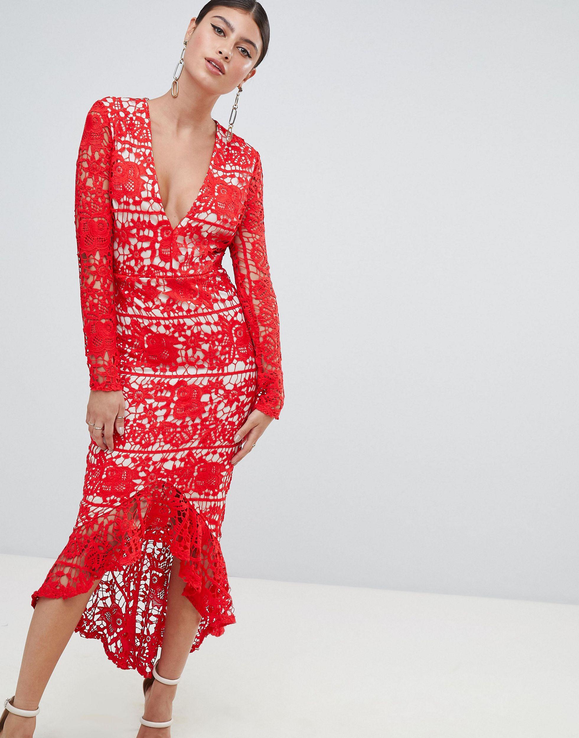 red lace fishtail dress