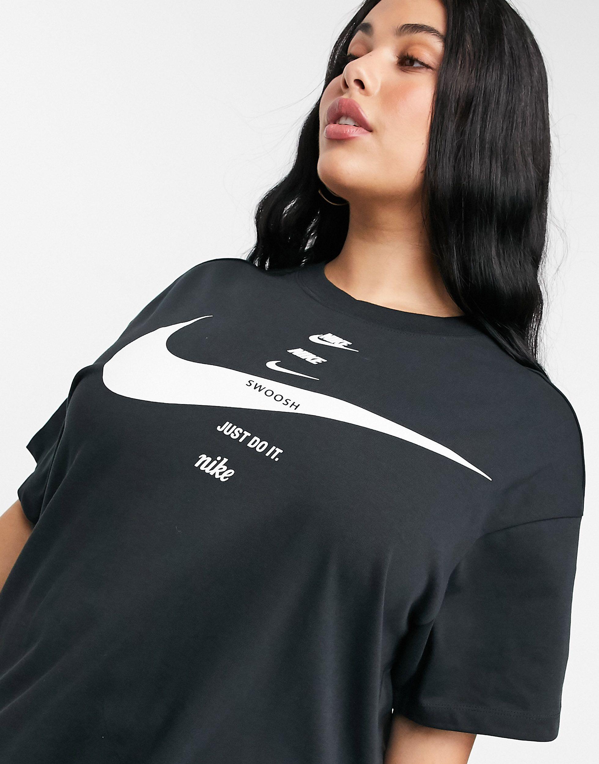 Nike Plus Swoosh Boyfriend Multi Logo T-shirt in Black | Lyst UK