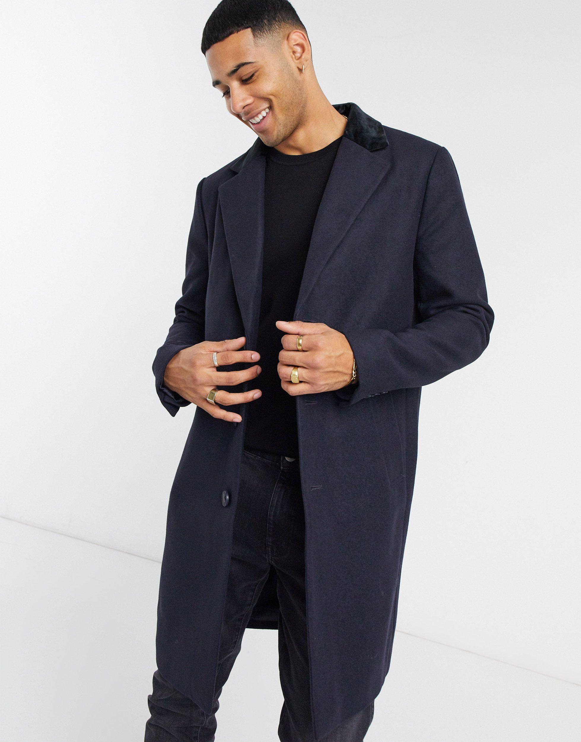 French Connection Single Breasted Over Coat With Velvet Collar in Blue for  Men | Lyst UK