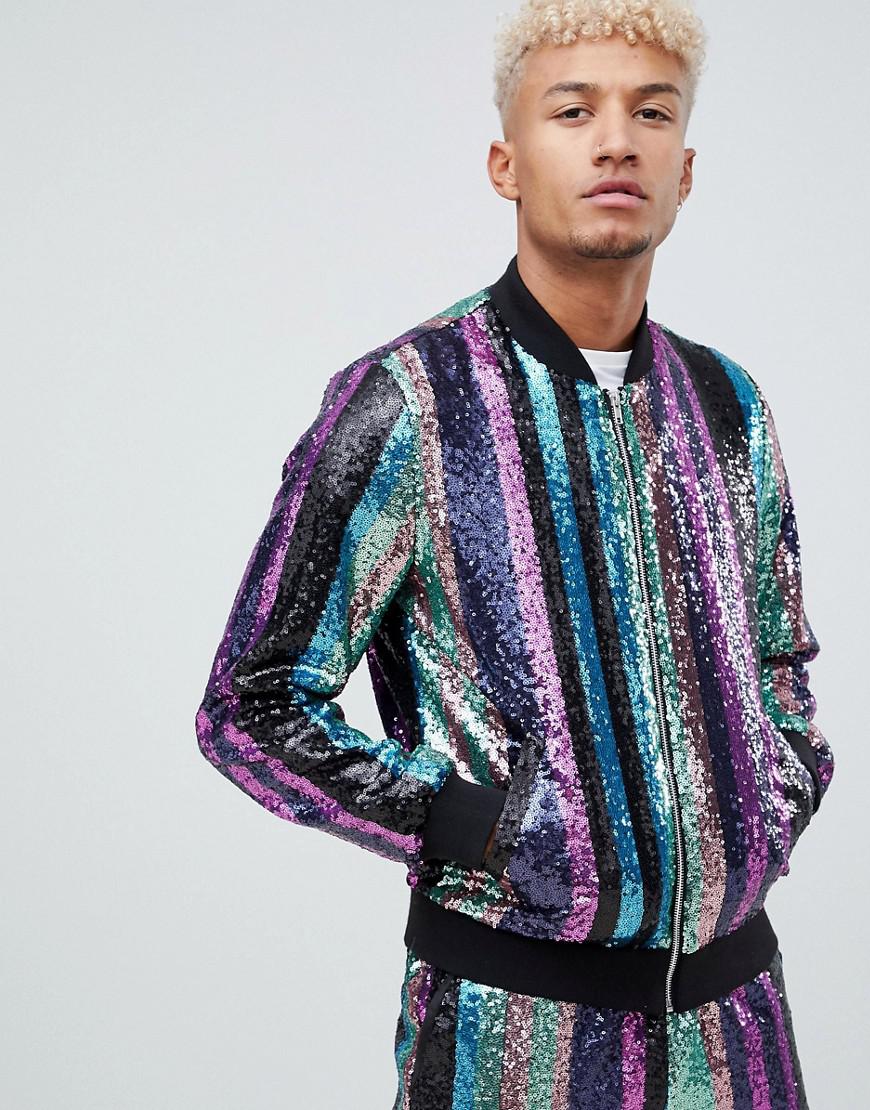 ASOS Synthetic Co-ord Bomber Jacket In Sequin Stripe in Blue for Men - Lyst