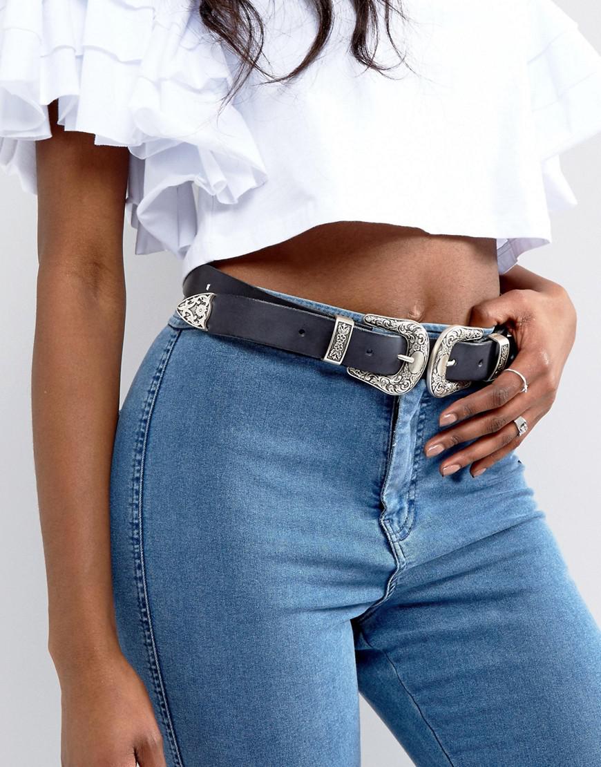 ASOS Leather Double Buckle Western Waist And Hip Belt in Black Lyst