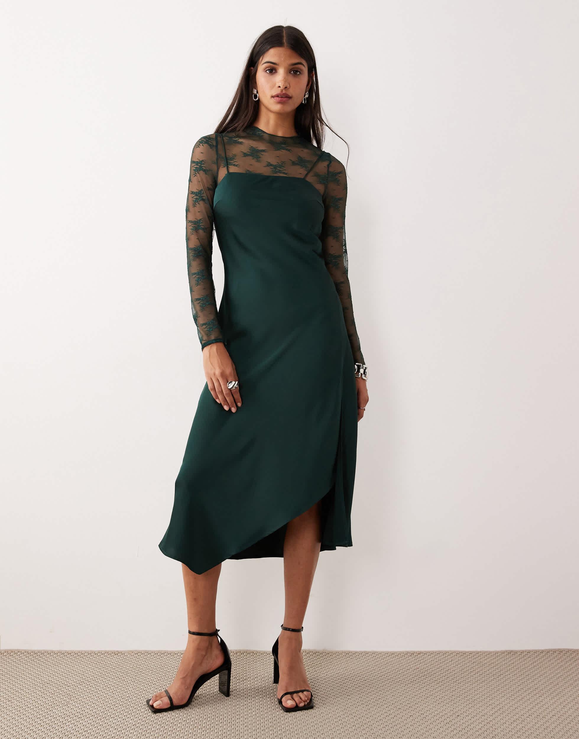 Y.A.S Hybrid High Neck Lace Top And Satin Slip Dress in Green | Lyst
