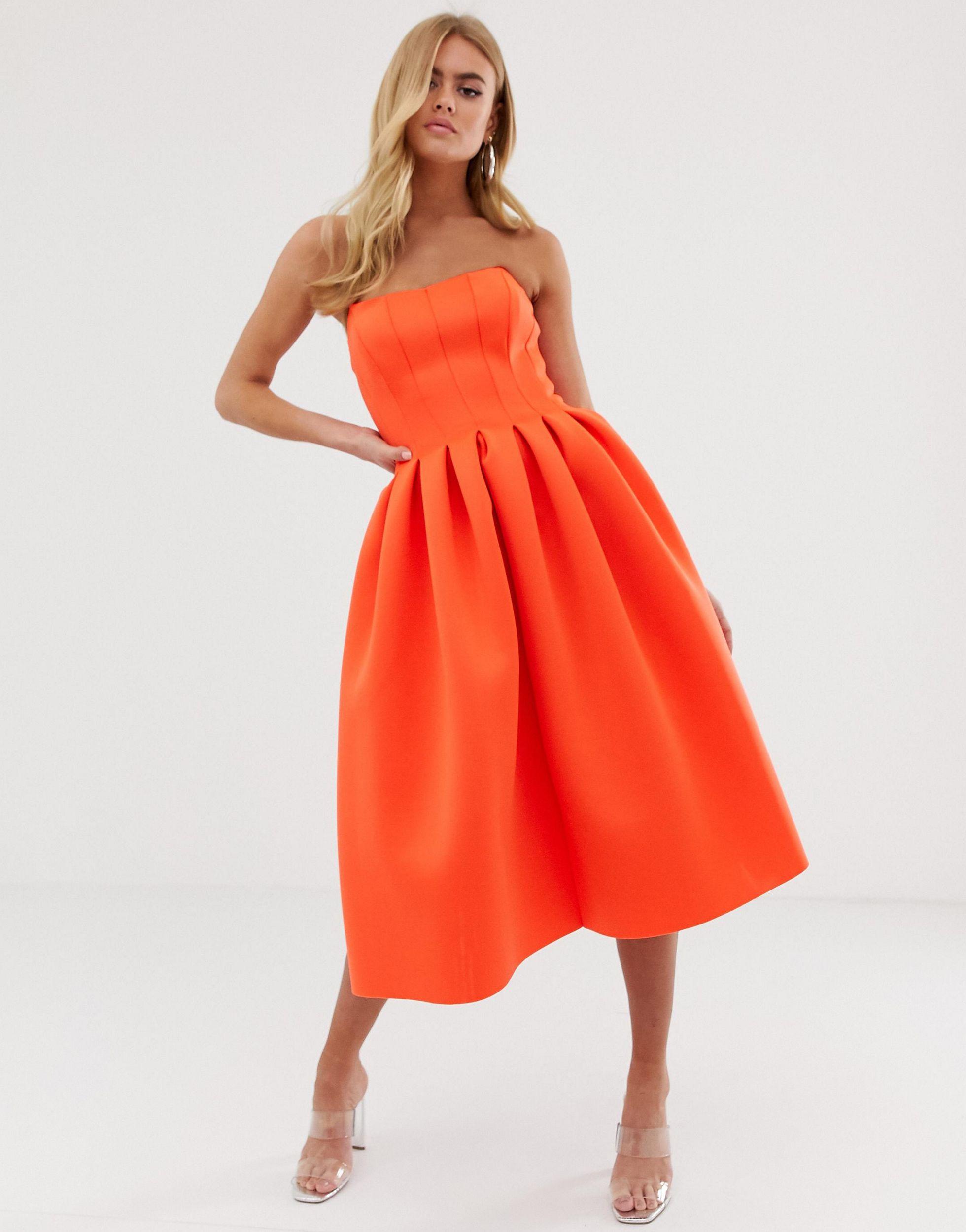 ASOS Bandeau Seam Detail Midi Prom Dress in Orange | Lyst Australia