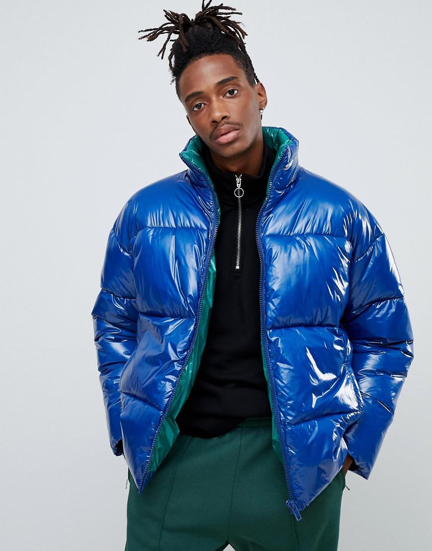 blue high shine puffer jacket