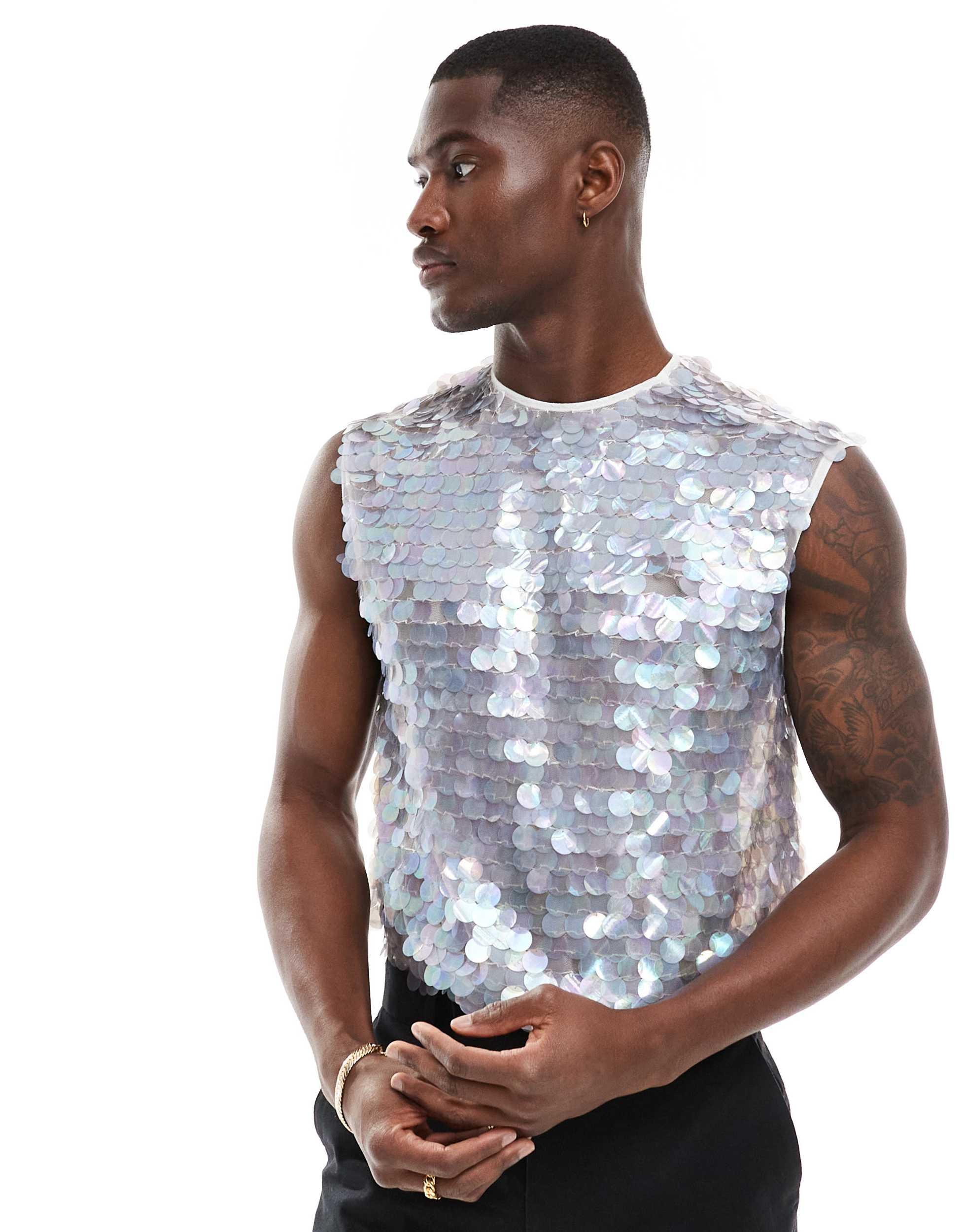 ASOS Boxy Sleeveless Regular Shirt With Disc Sequins in Blue for - Main Image