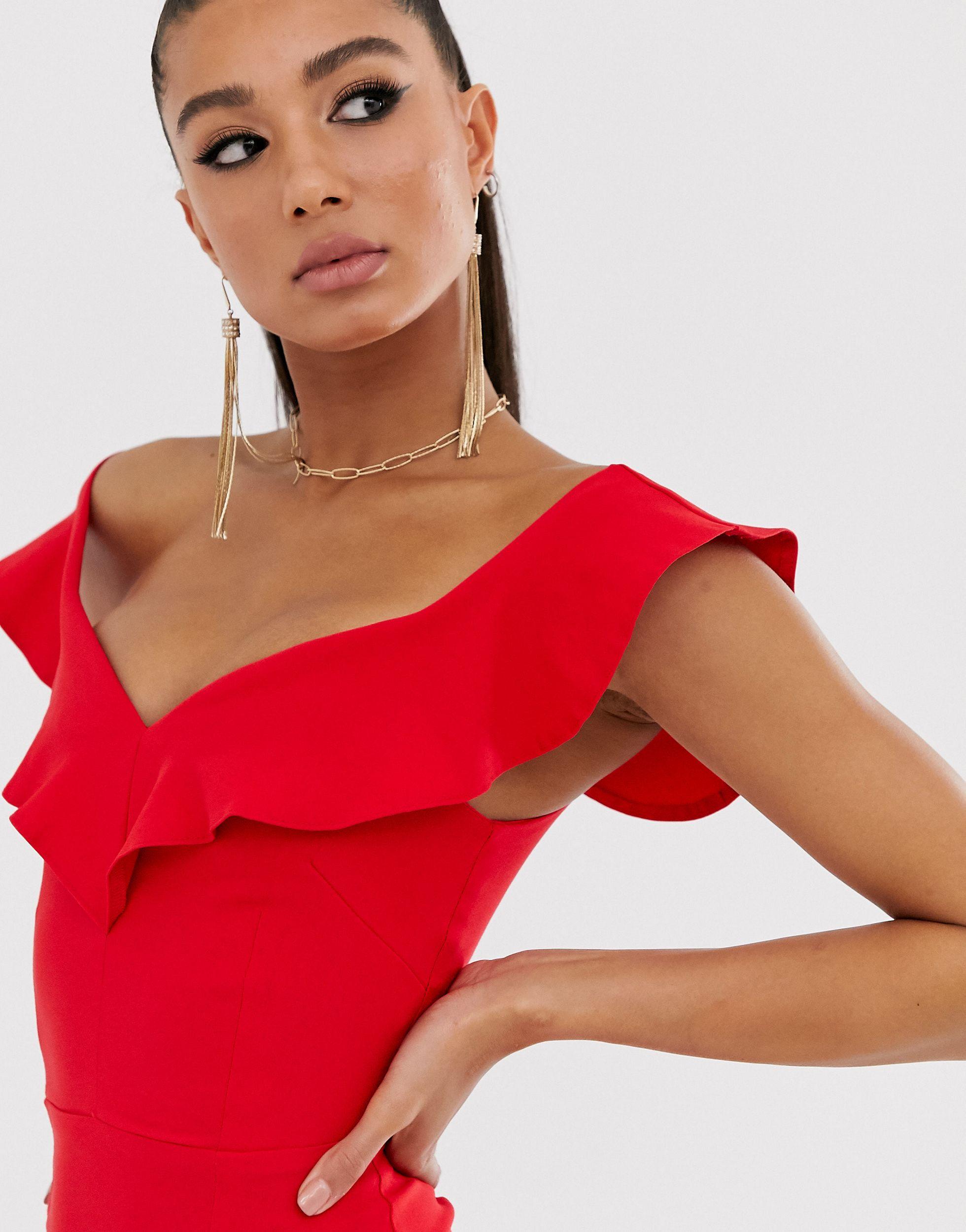 Vesper Bodycon Dress With Sweetheart Neckline With Frill in Red | Lyst