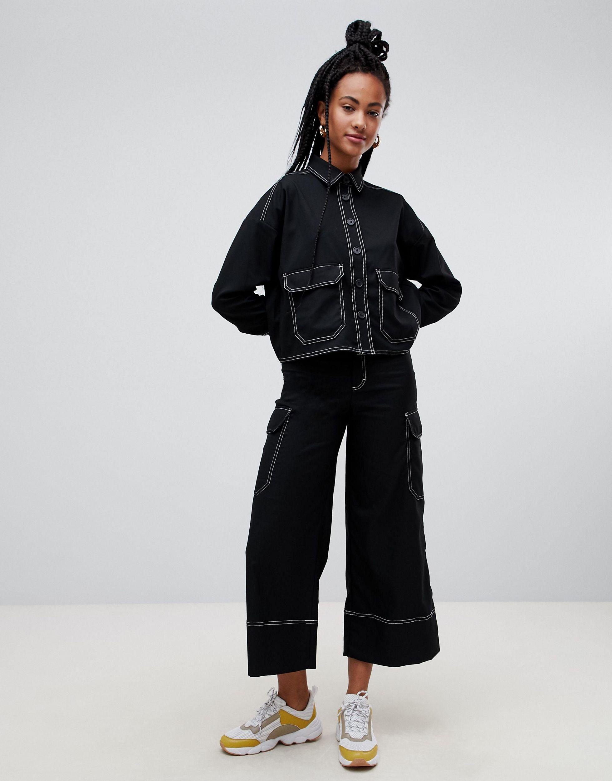 Monki Denim Wide Leg Cargo Pants With 
