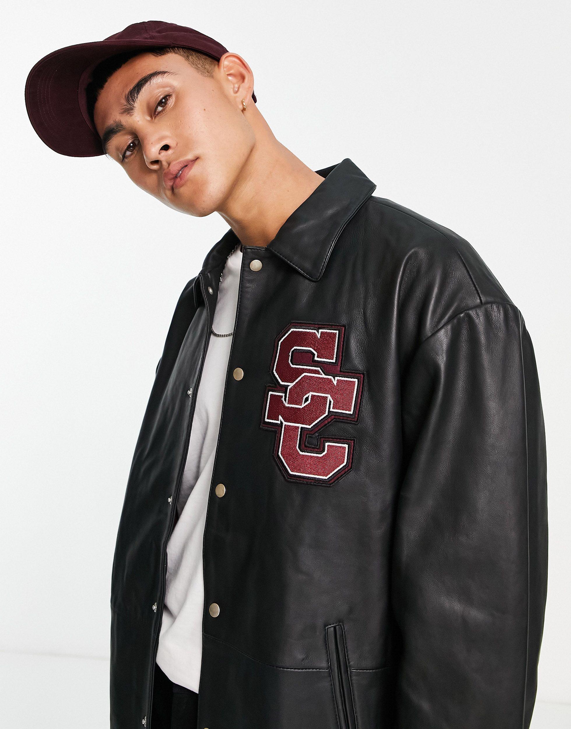 ASOS Leather Varsity Coach Jacket With Embroidery in Black for Men | Lyst