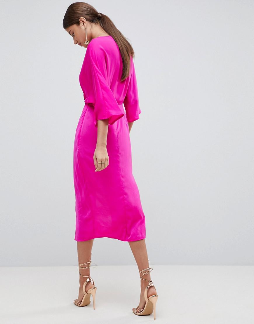 ASOS Knot Front Kimono Midi Dress in Pink | Lyst