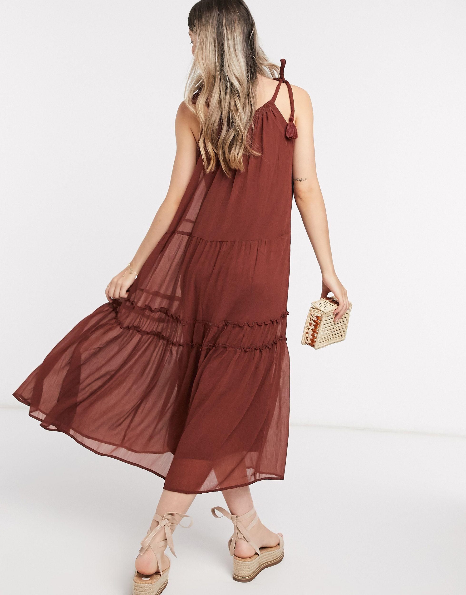 Vero Moda Tiered Maxi Smock Dress With Tie Shoulder in Purple - Lyst