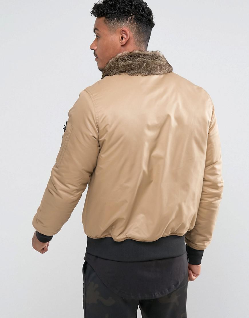 SIKSILK Bomber Jacket In Stone With Borg Collar in Natural for Men