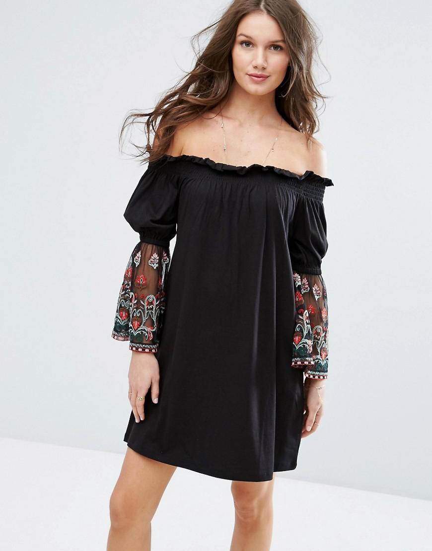 Lyst Asos Off Shoulder Sundress With Embroidered Mesh Sleeves in Black