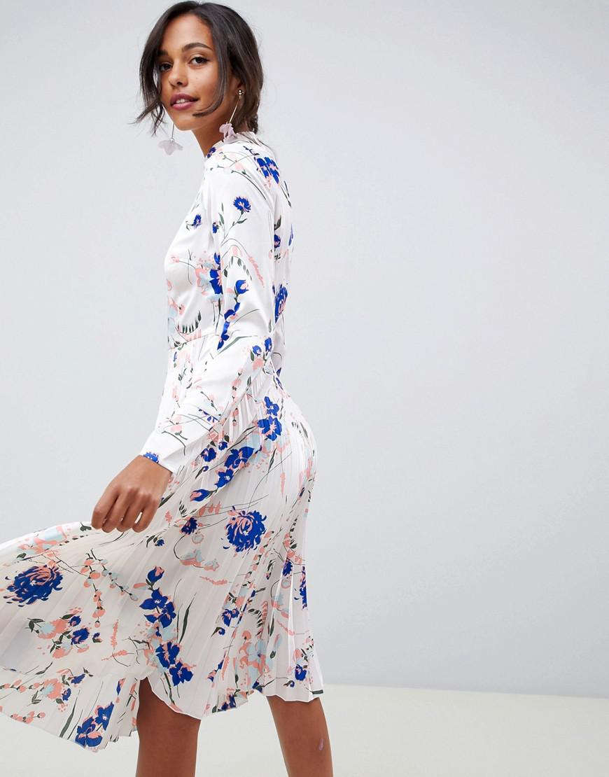 asos design pleated midi dress with fluted sleeve in floral print
