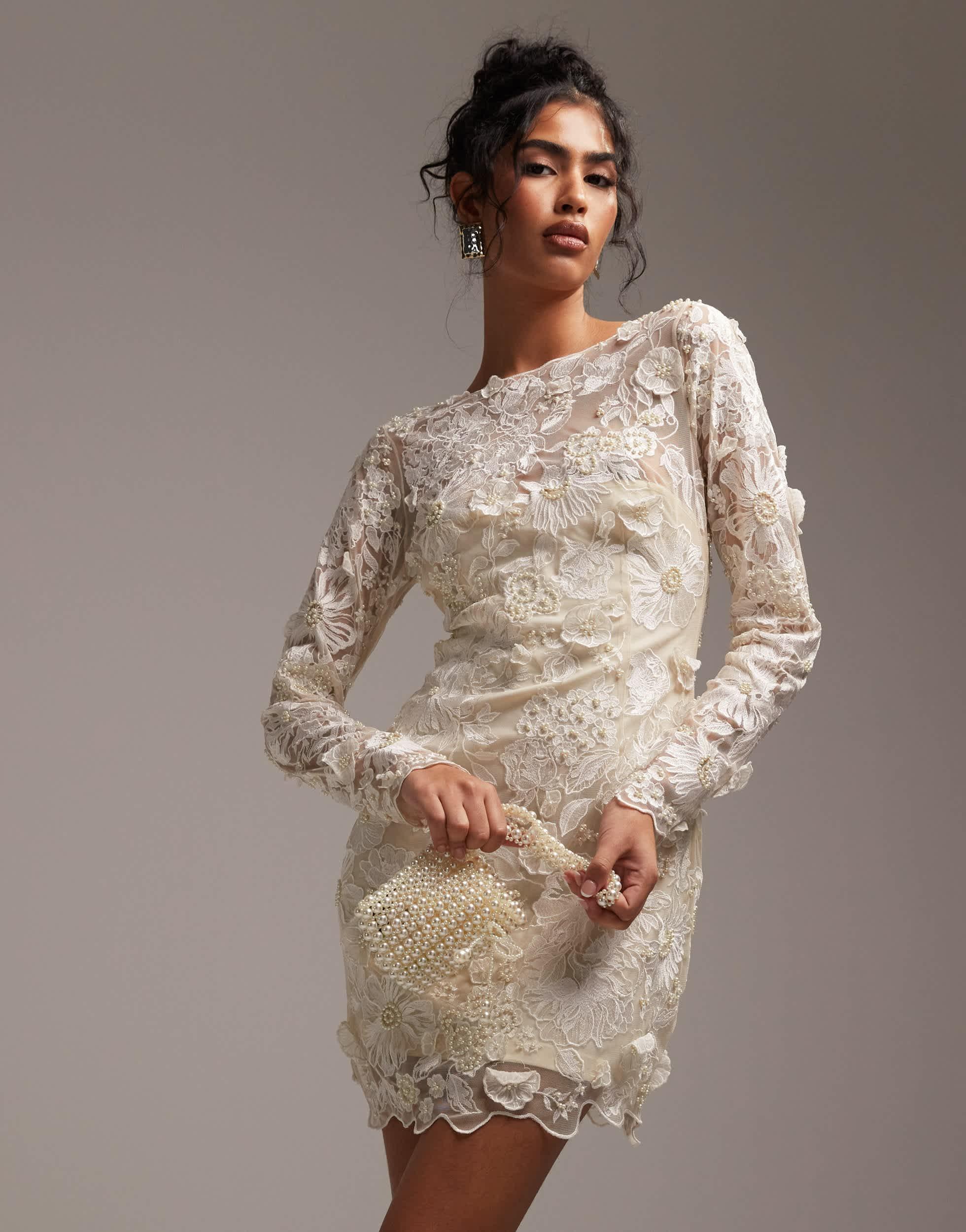 ASOS Long Sleeve Embroidered Mini Wedding Dress in Brown | Lyst ASOS Long Sleeve Embroidered Mini Wedding Dress in Brown | Lyst