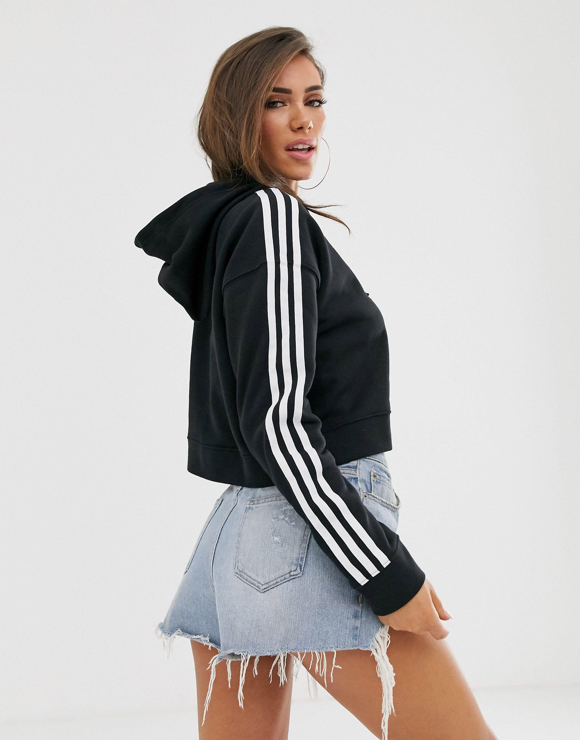 adidas originals adicolor three stripe cropped hoodie in black