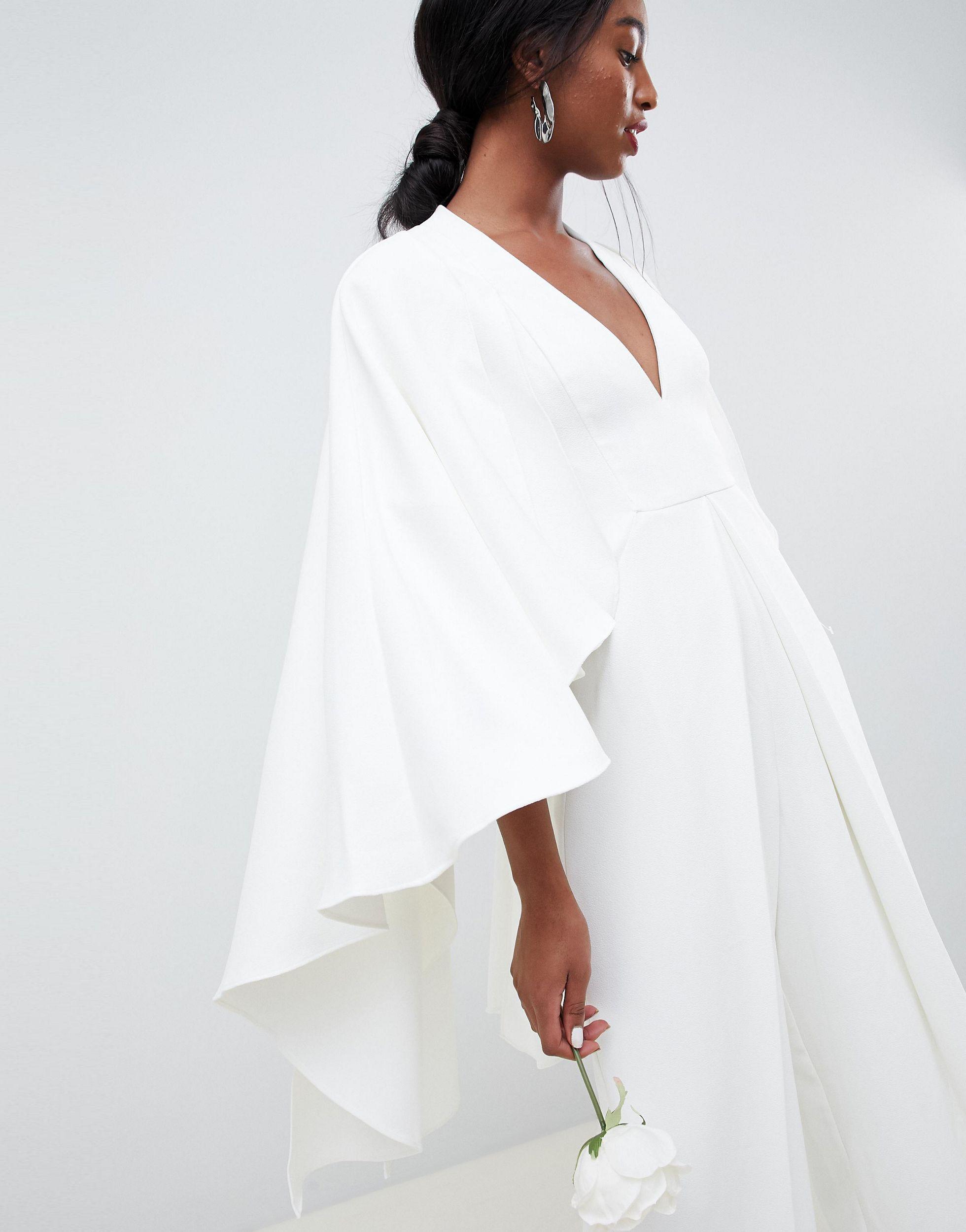 ASOS Cape Sleeve Wedding Jumpsuit In Satin in White - Lyst