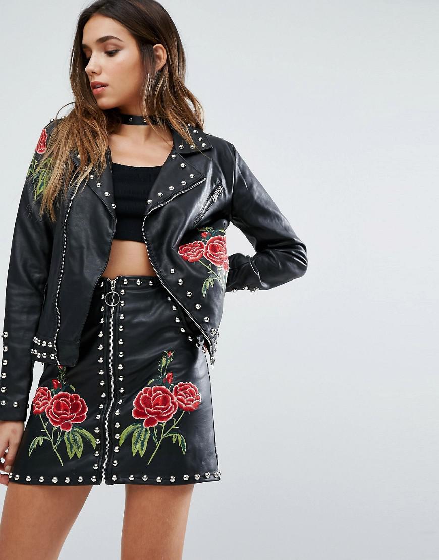 Missguided Leather Look Biker Jacket With Studs And Rose Embroidery in Black  | Lyst Canada