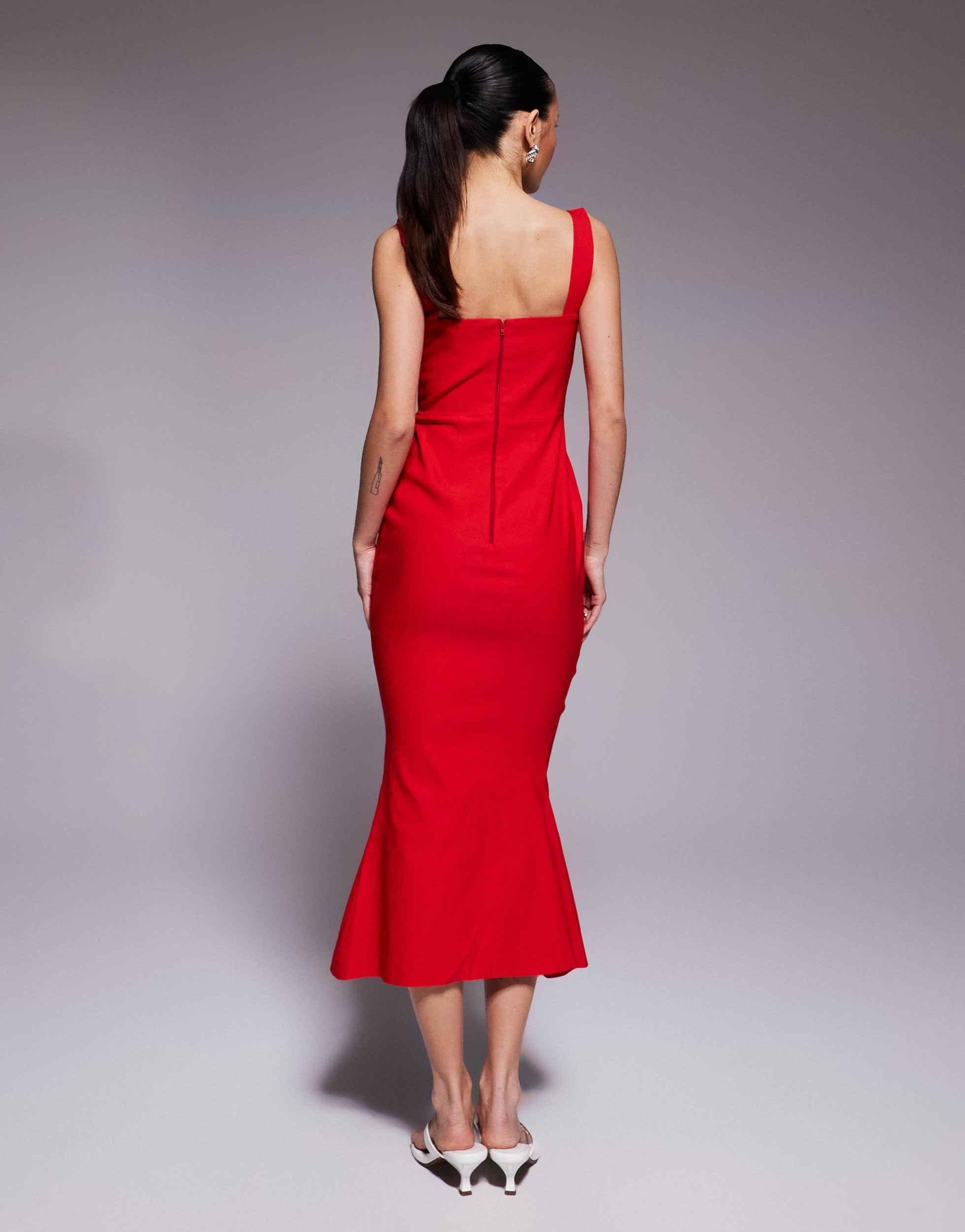 Vesper Petite Bengaline Sleeveless Square Neck Fishtail Midi Dress in Red |  Lyst