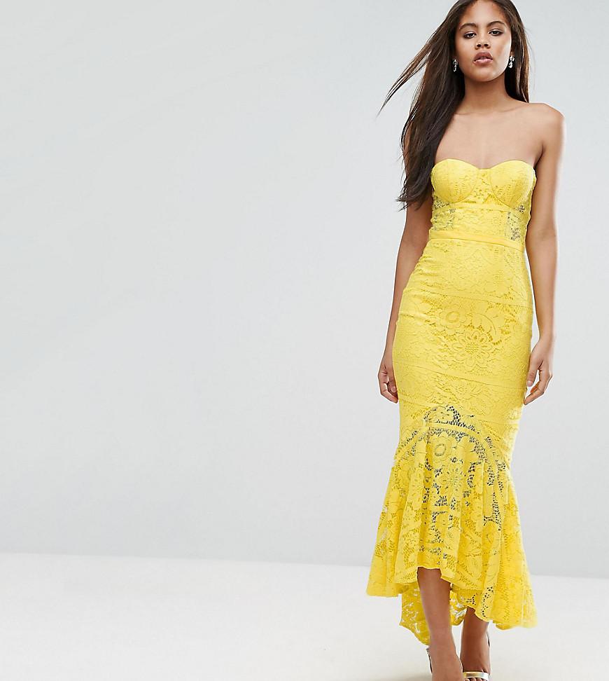 Vestito midi a fascia in pizzo con fondo asimmetrico a coda di rondineJarlo  in Pizzo di colore Giallo | Lyst